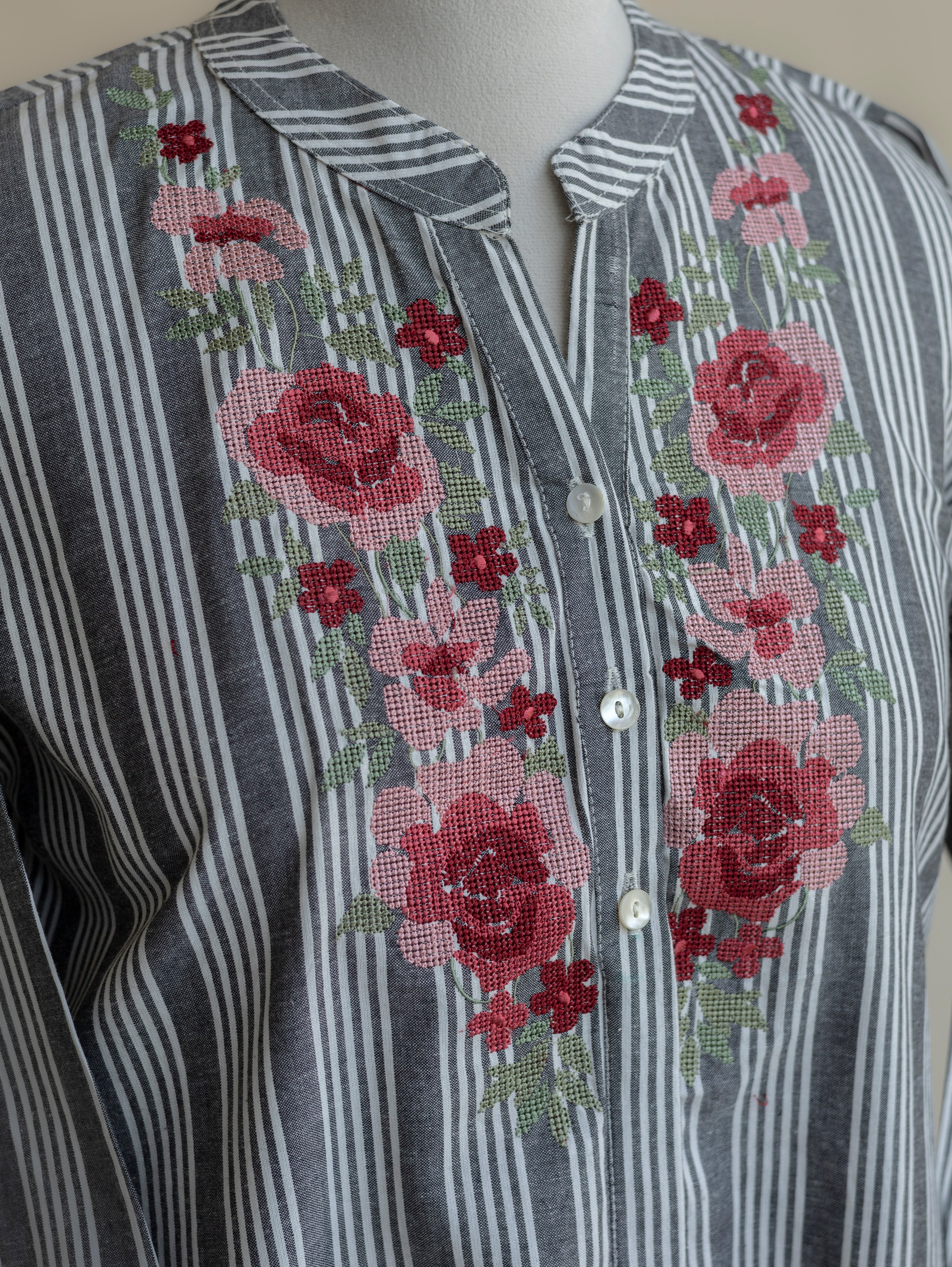 Raya Cotton Handloom Embroidered A-Line Kurta