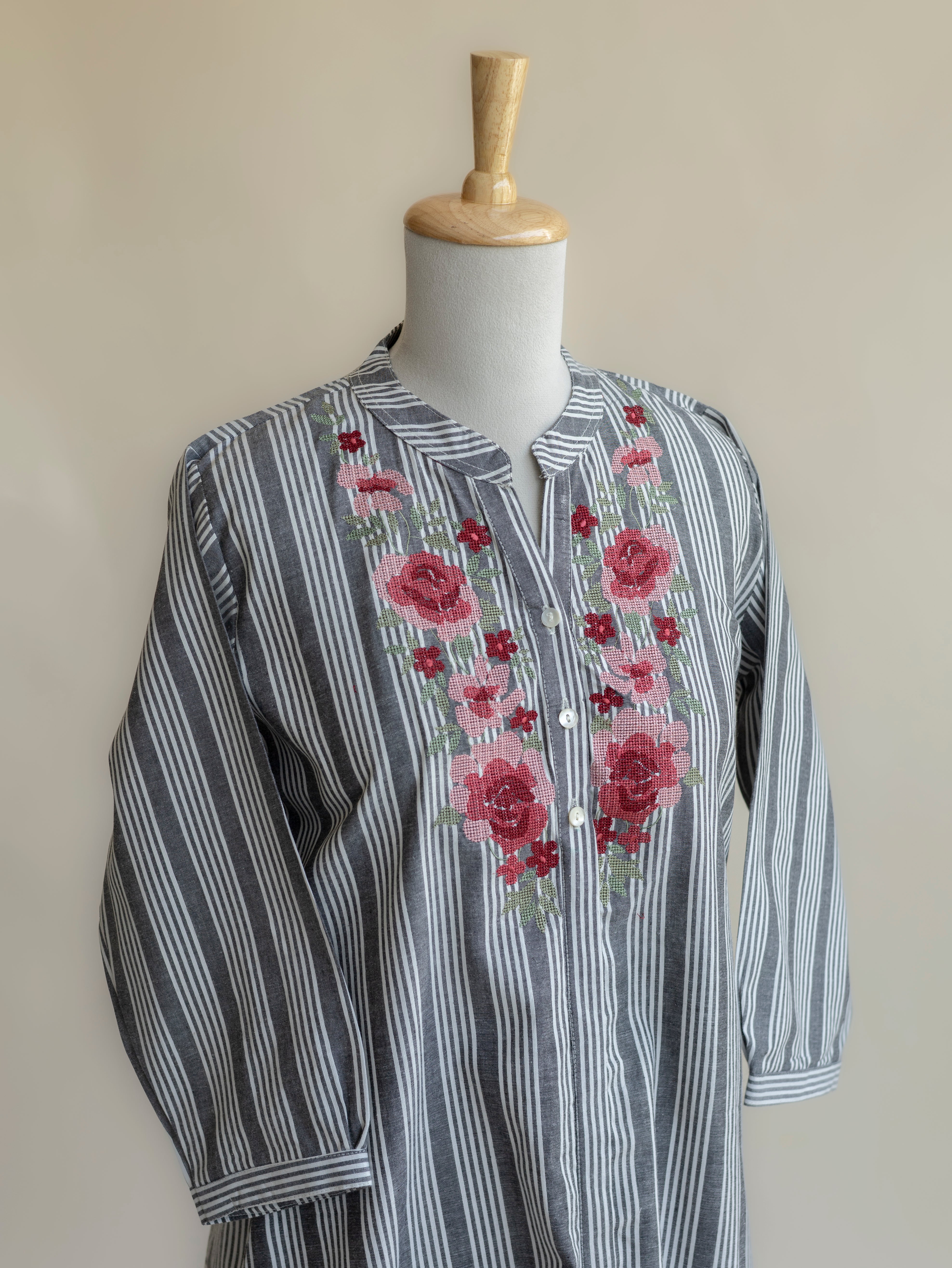 Raya Cotton Handloom Embroidered A-Line Kurta