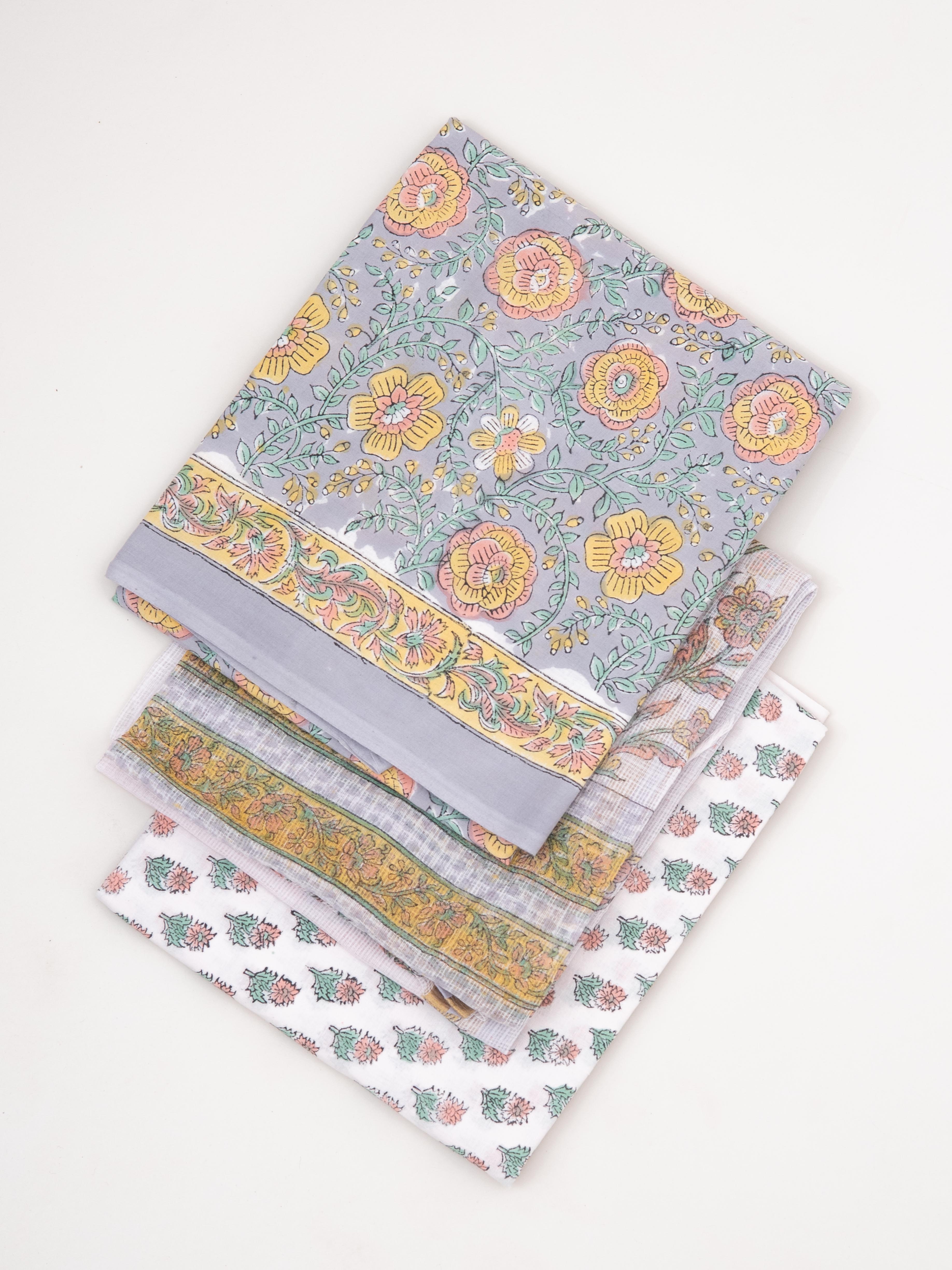 Cotton Block Printed Unstitched Suit Set - 3 Piece