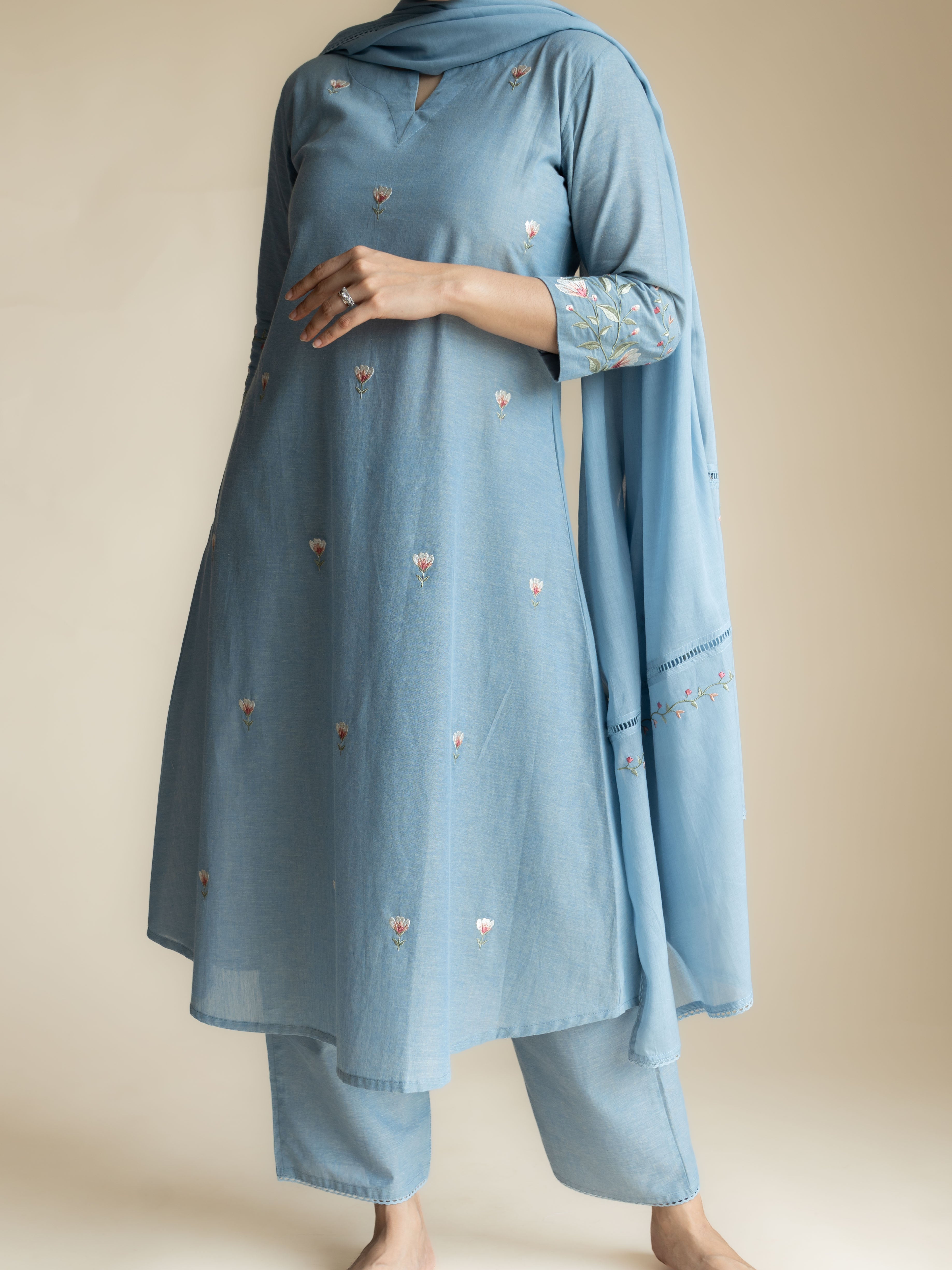 Dhara Cotton Handloom Embroidered A-Line Suit Set