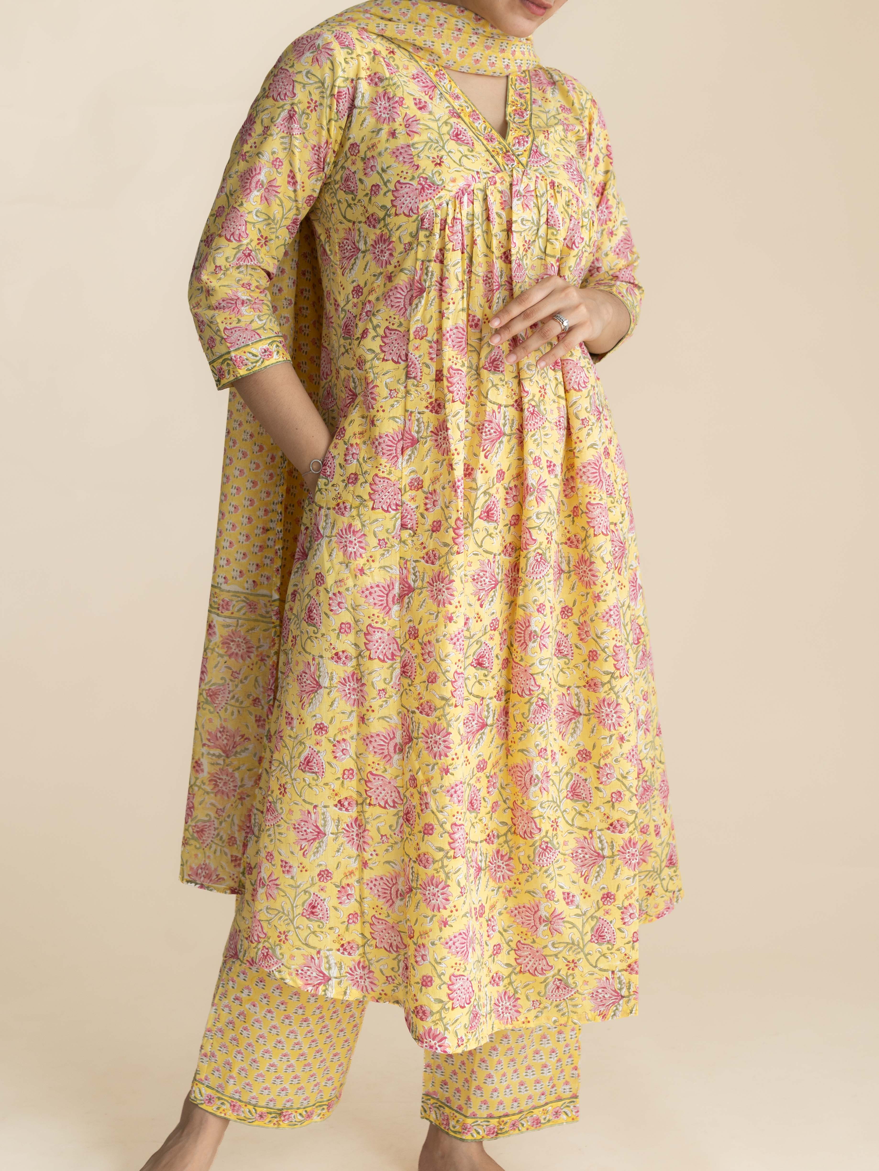 Rutvi Cotton Block Printed A-Line Suit Set