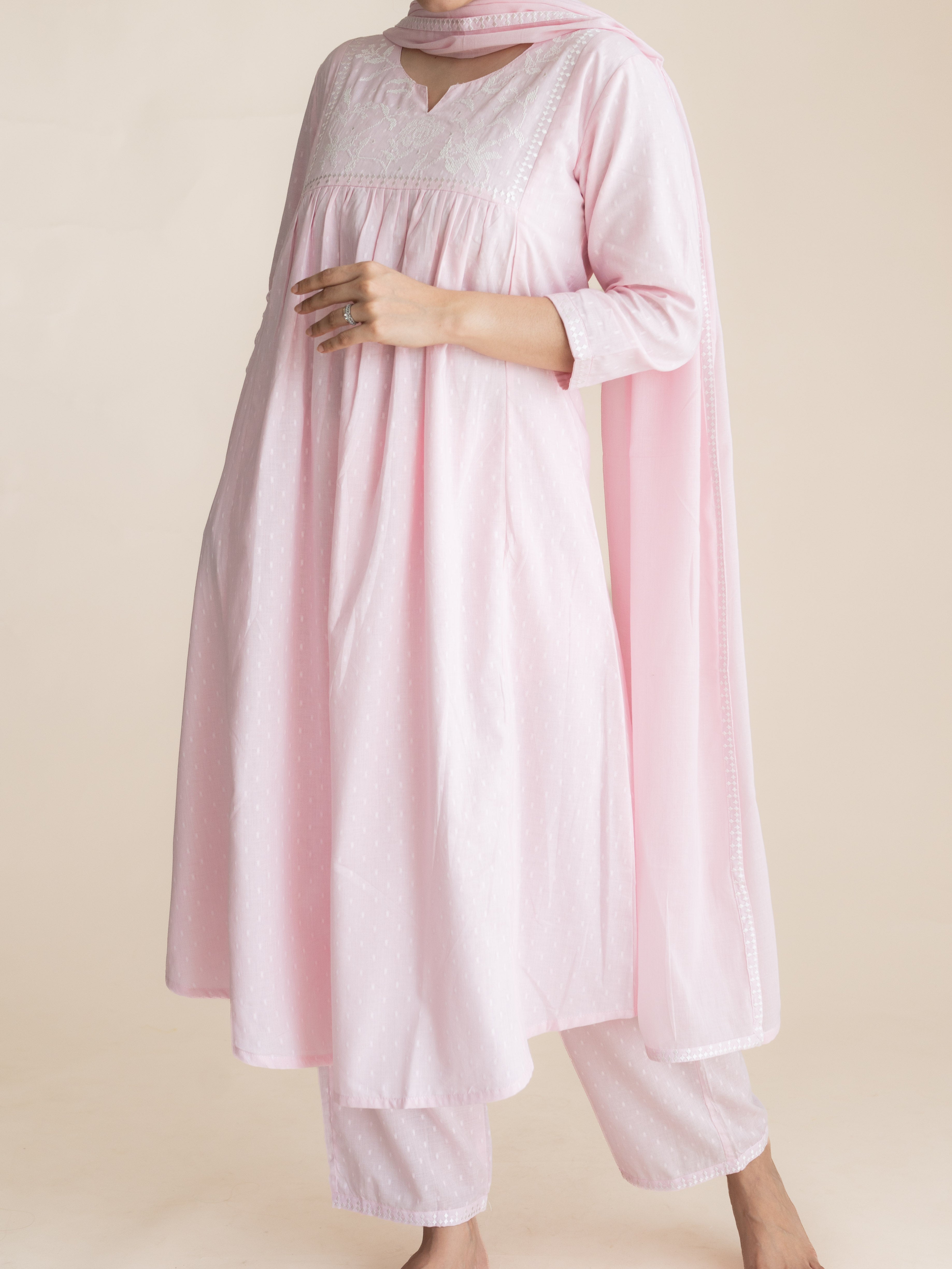 Siyah Cotton Dobby Embroidered A-Line Suit Set