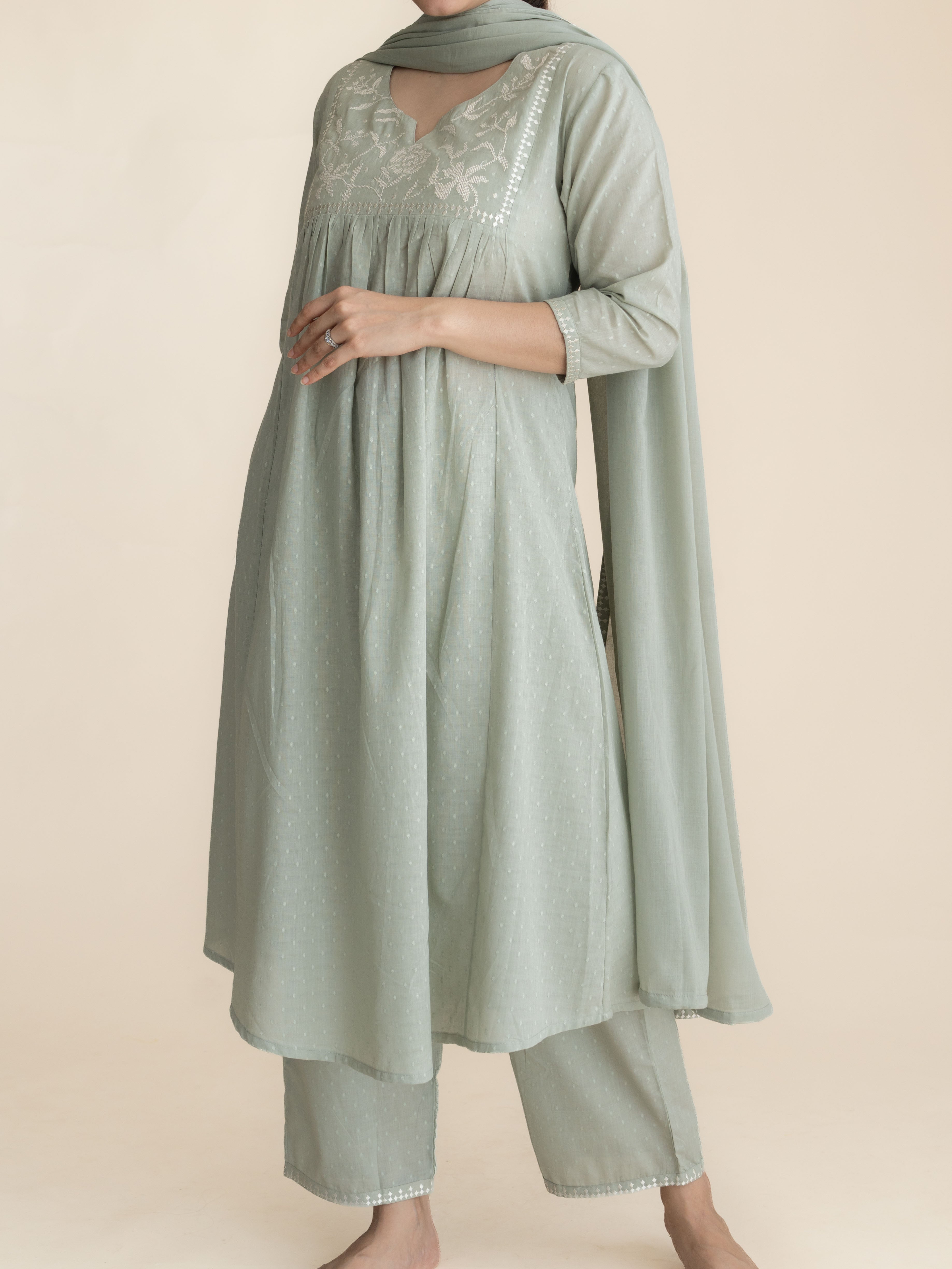 Saisha Cotton Dobby Embroidered A-Line Suit Set