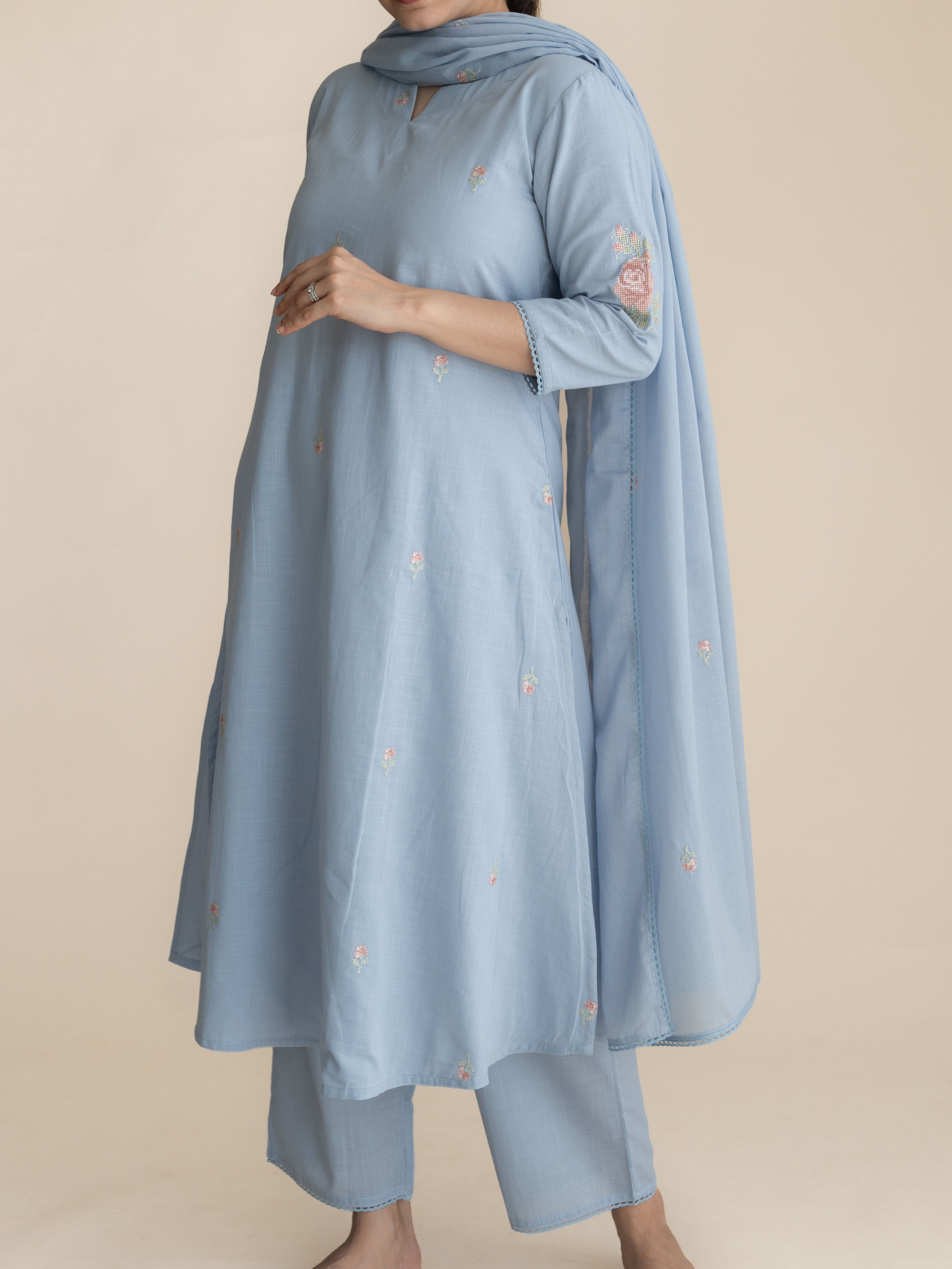 Anulya Cotton Embroidered A-Line Suit Set