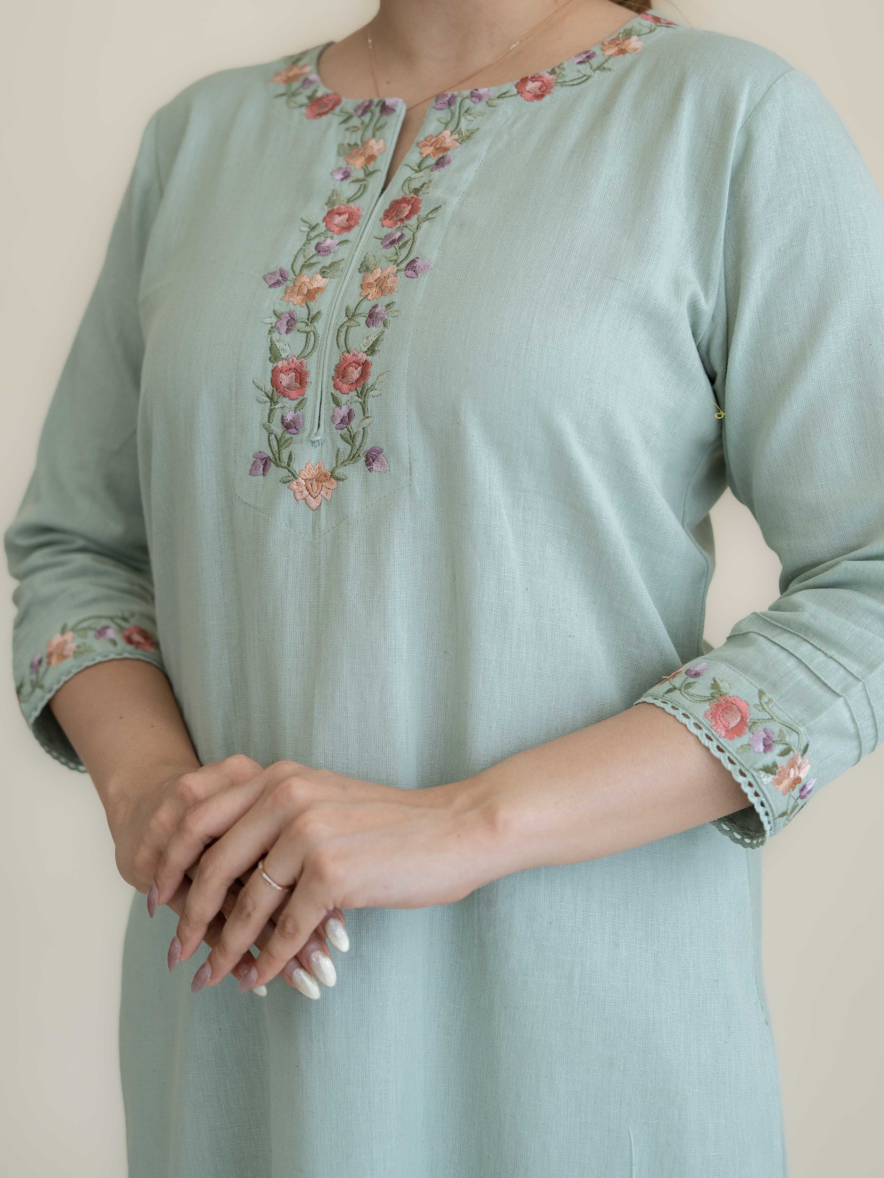 Naza Cotton Flax Embroidered Straight Suit Set