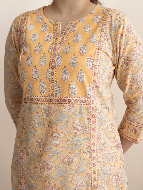 Ahel Cotton Block Printed Straight Kurta - AINA