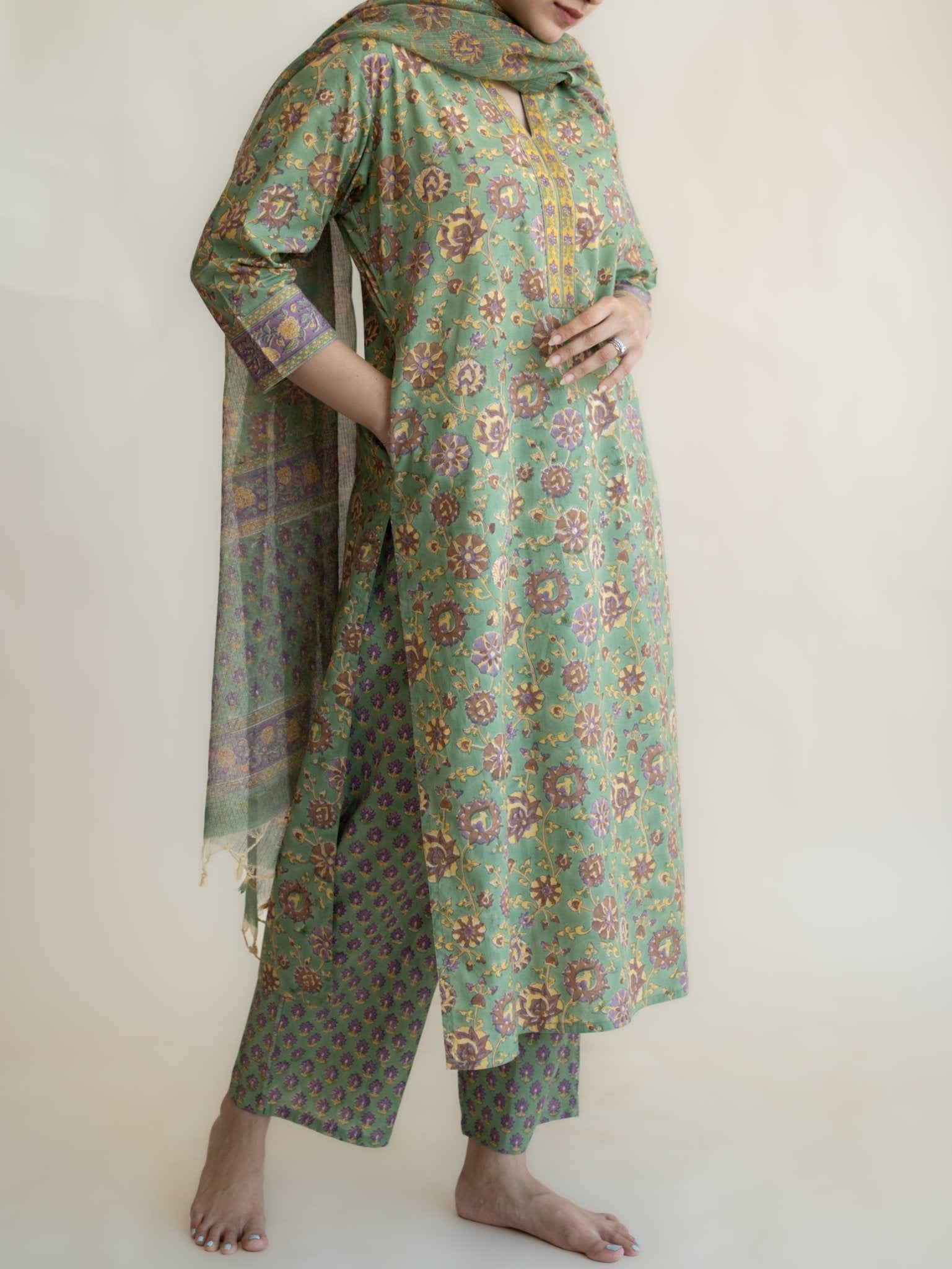 Ahna Cotton Block Printed Straight Suit Set - AINA
