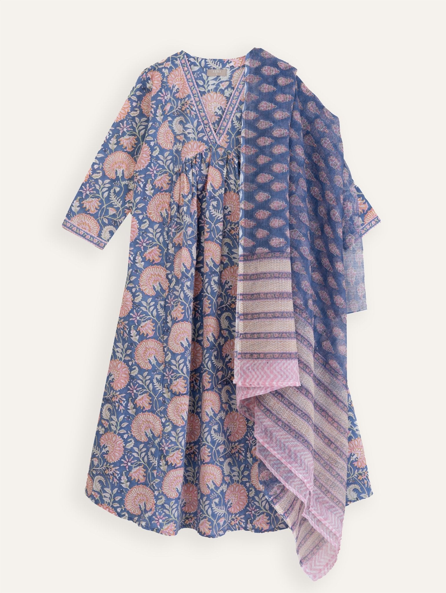Aleesha Kota Doria Block Printed Dupatta - AINA