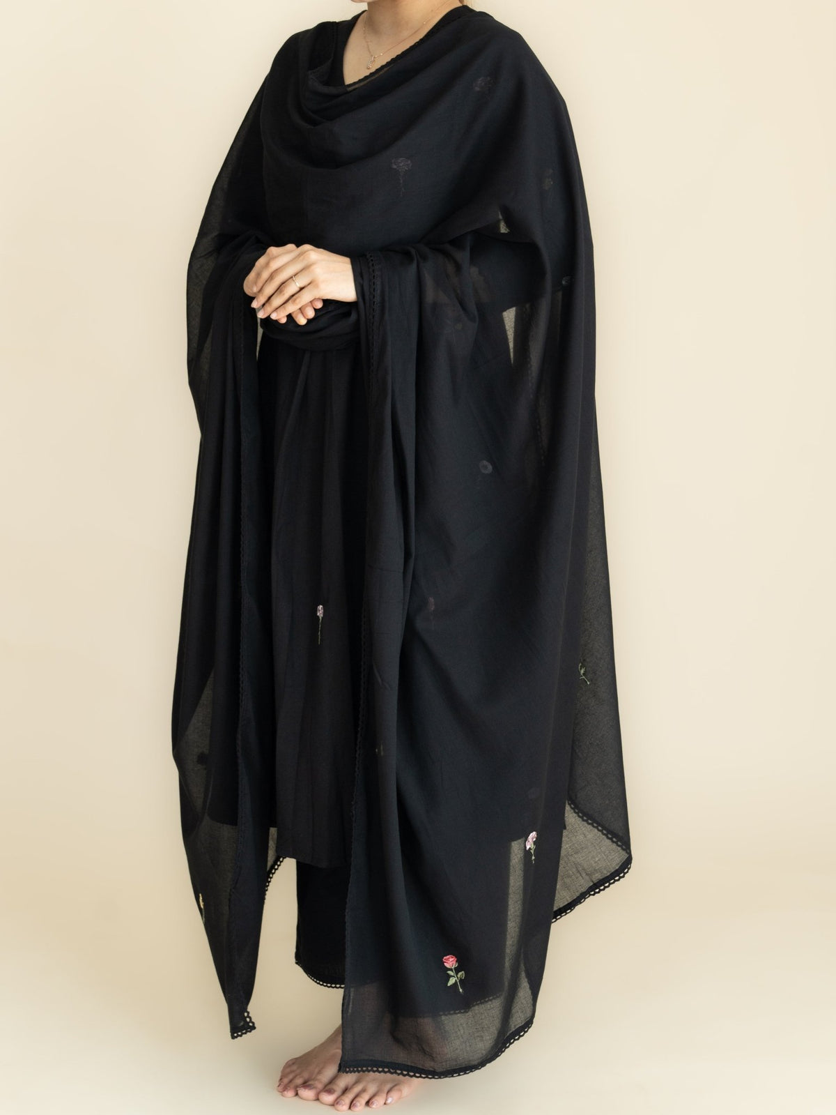Ameya Cotton Flax Embroidered A-Line Suit Set - AINA