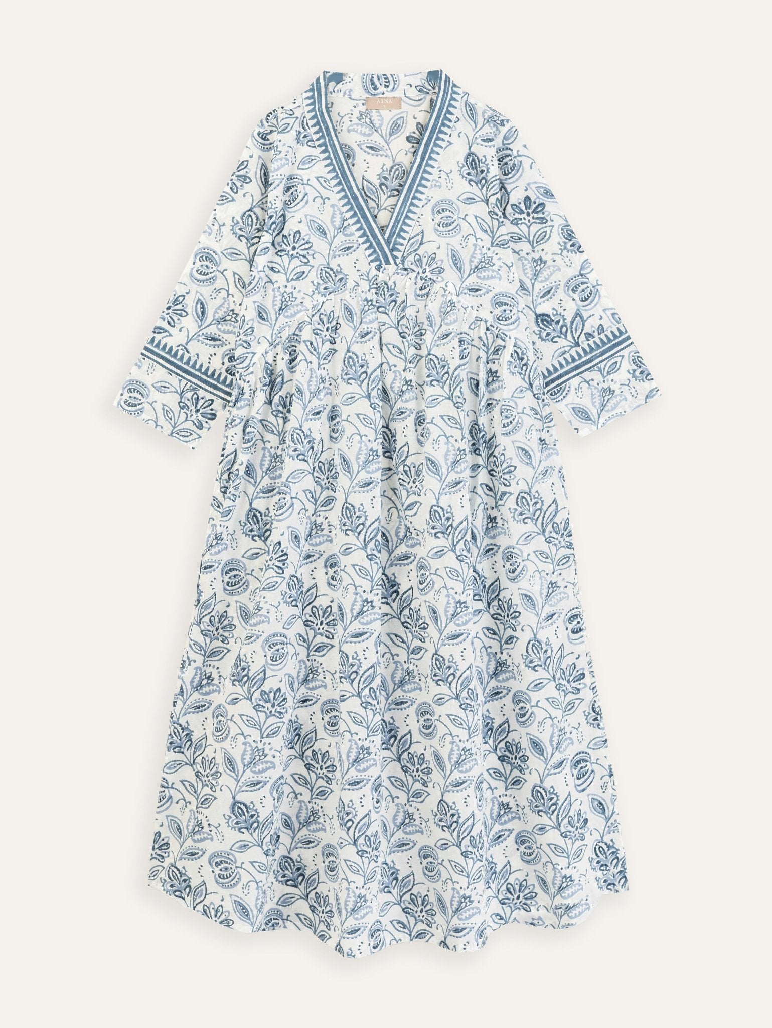 A-Line Cotton Dobby Kurta Featuring Block Printed Princess Panel, Sleeve Cuffs & Handwork Detailing