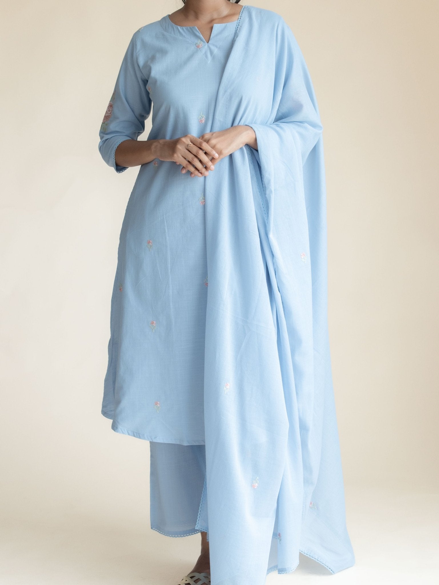 Anulya Cotton Embroidered A - Line Suit Set - AINA