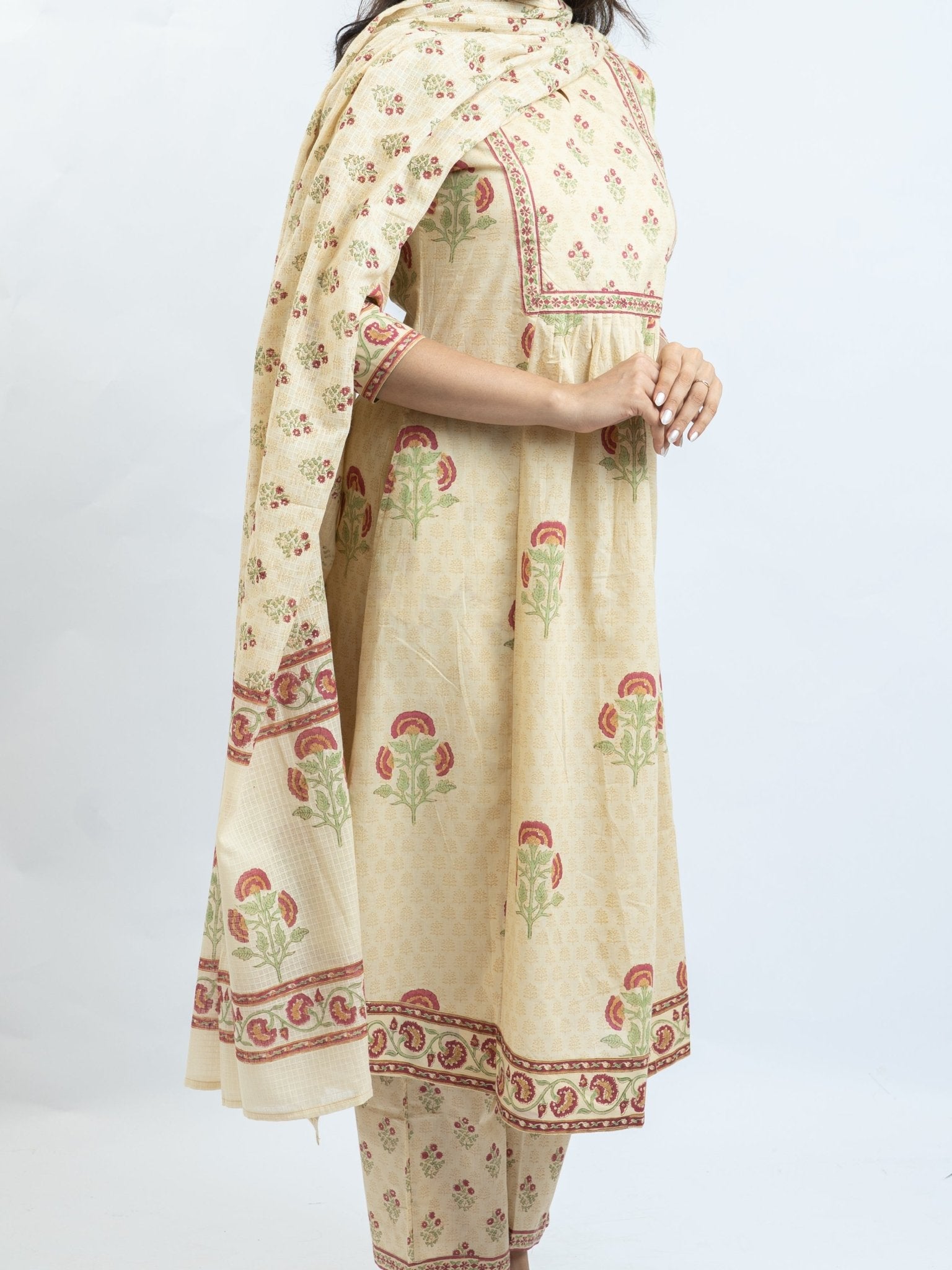 Bariqah Cotton Block Printed A - Line Suit Set - AINA
