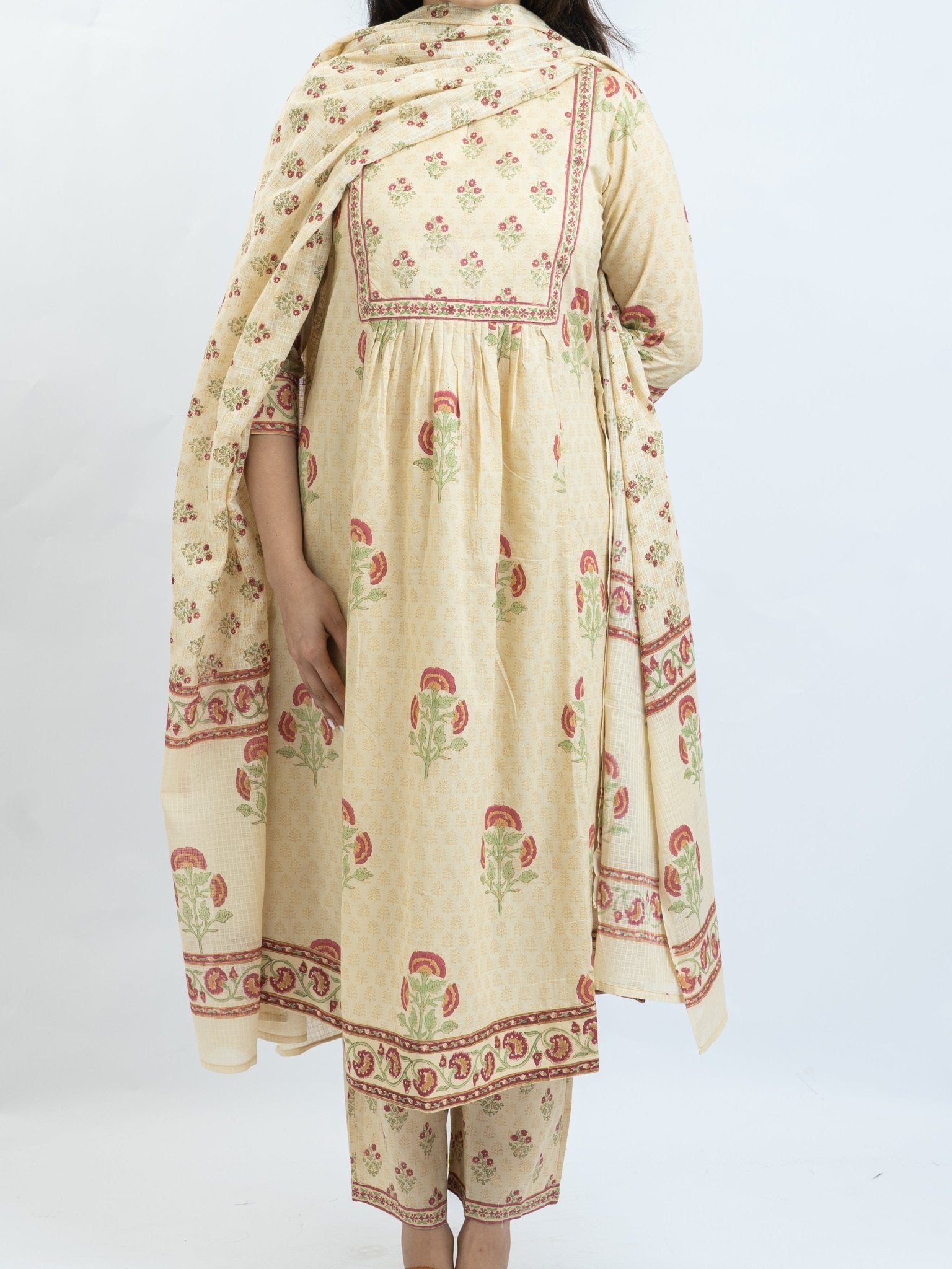 Bariqah Cotton Block Printed A - Line Suit Set - AINA