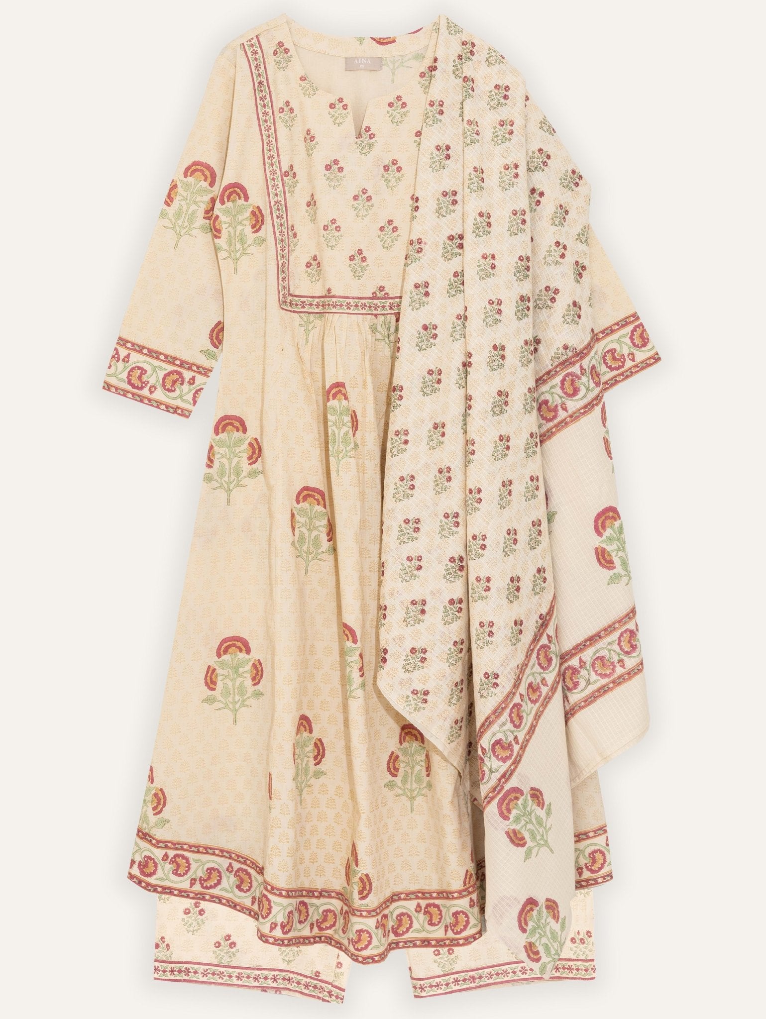 Bariqah Cotton Block Printed A - Line Suit Set - AINA