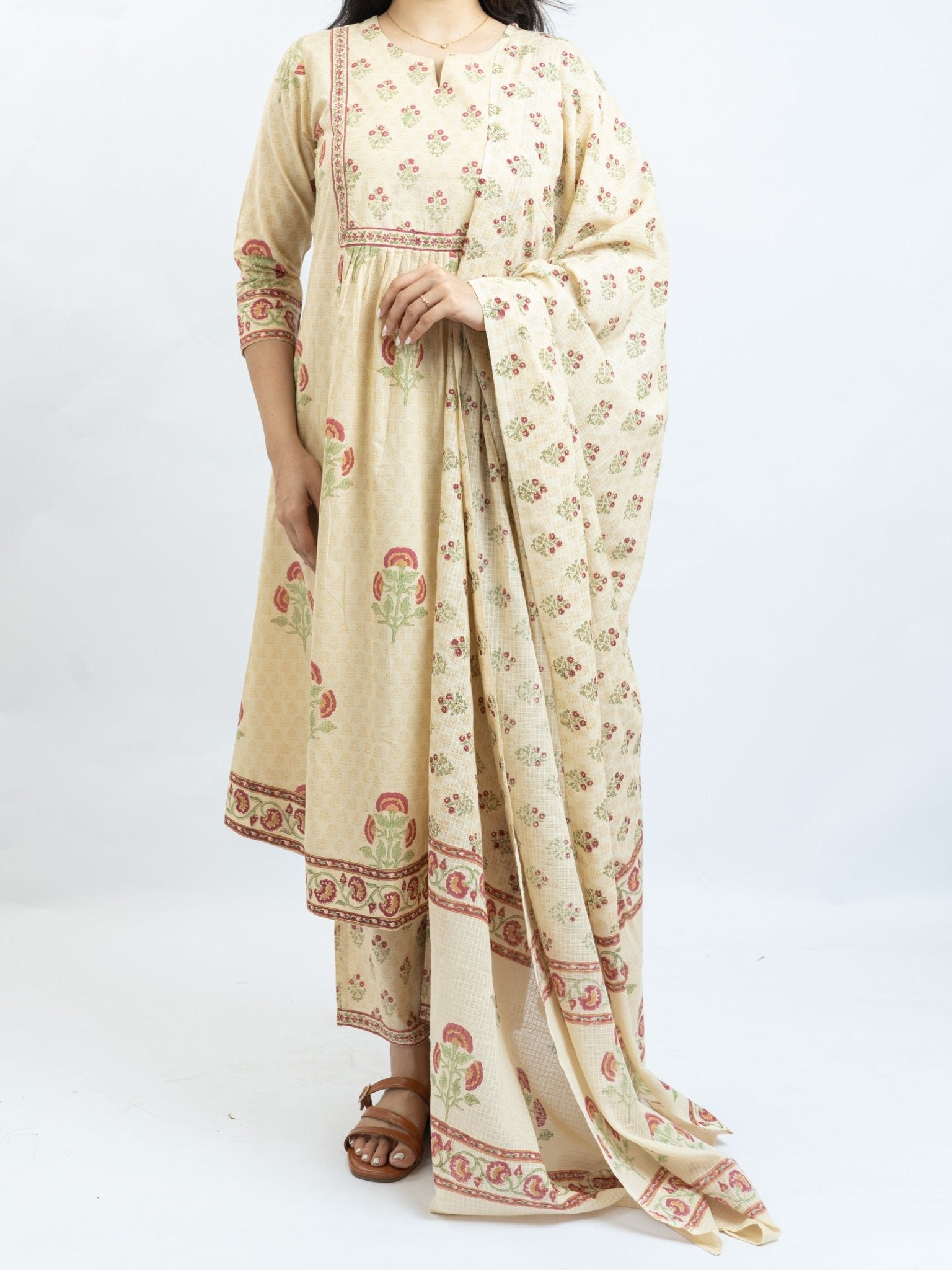 Bariqah Cotton Block Printed A - Line Suit Set - AINA