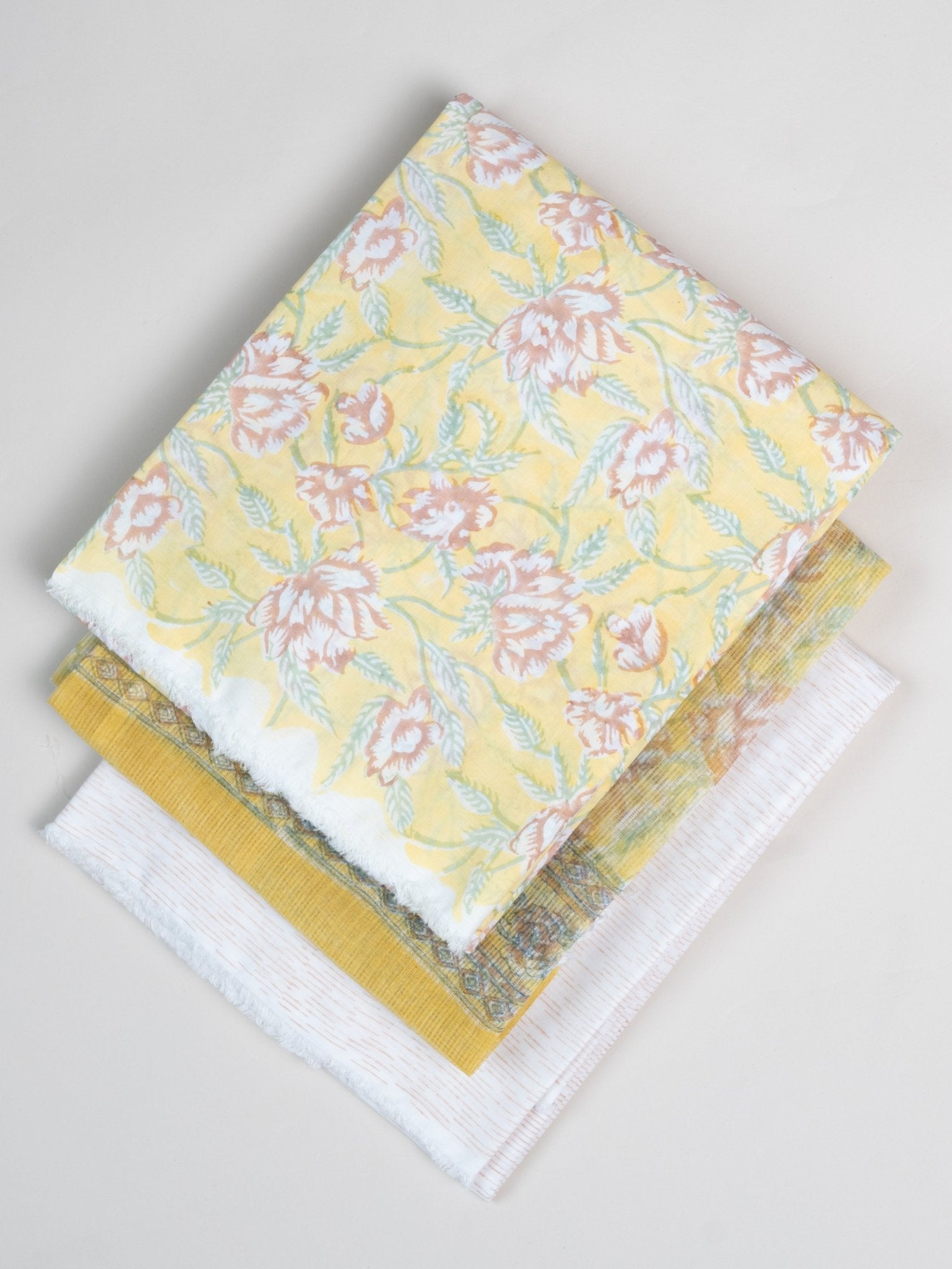 Cotton Block Printed Unstitched Suit Set - 3 Piece - AINA