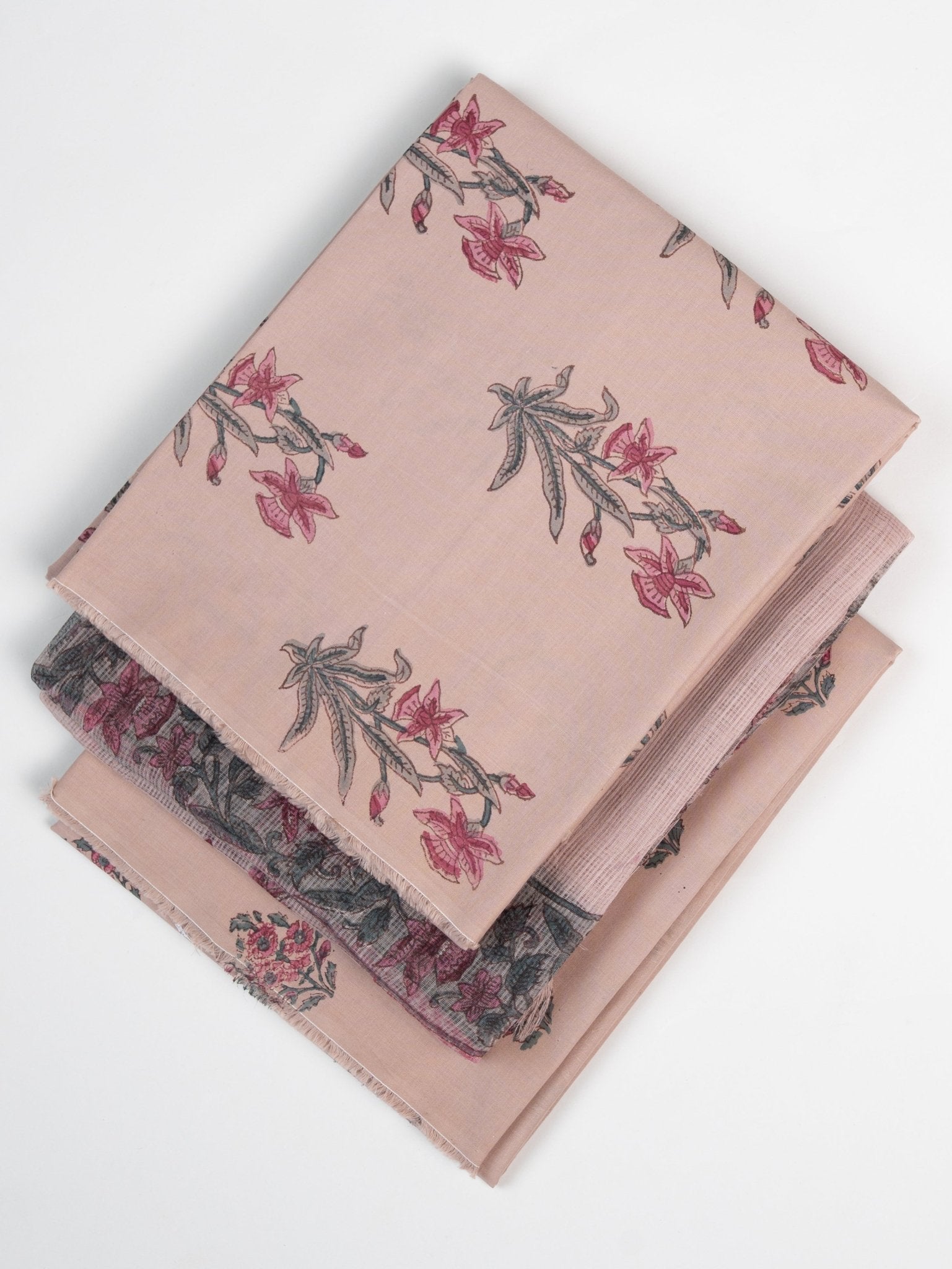 Cotton Block Printed Unstitched Suit Set - 3 Piece - AINA