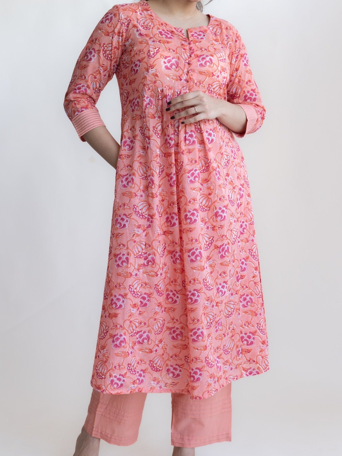 Inara Cotton Block Printed A - Line Suit Set - AINA