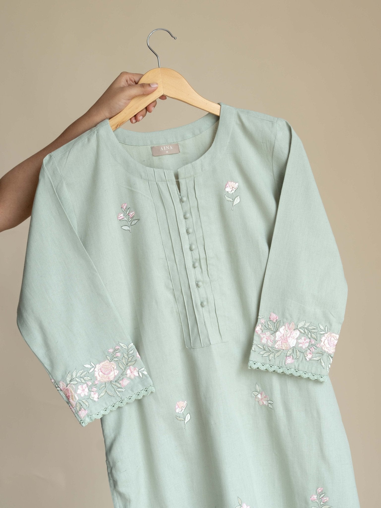 Kaiza Cotton Flax Embroidered Straight Kurta - AINA