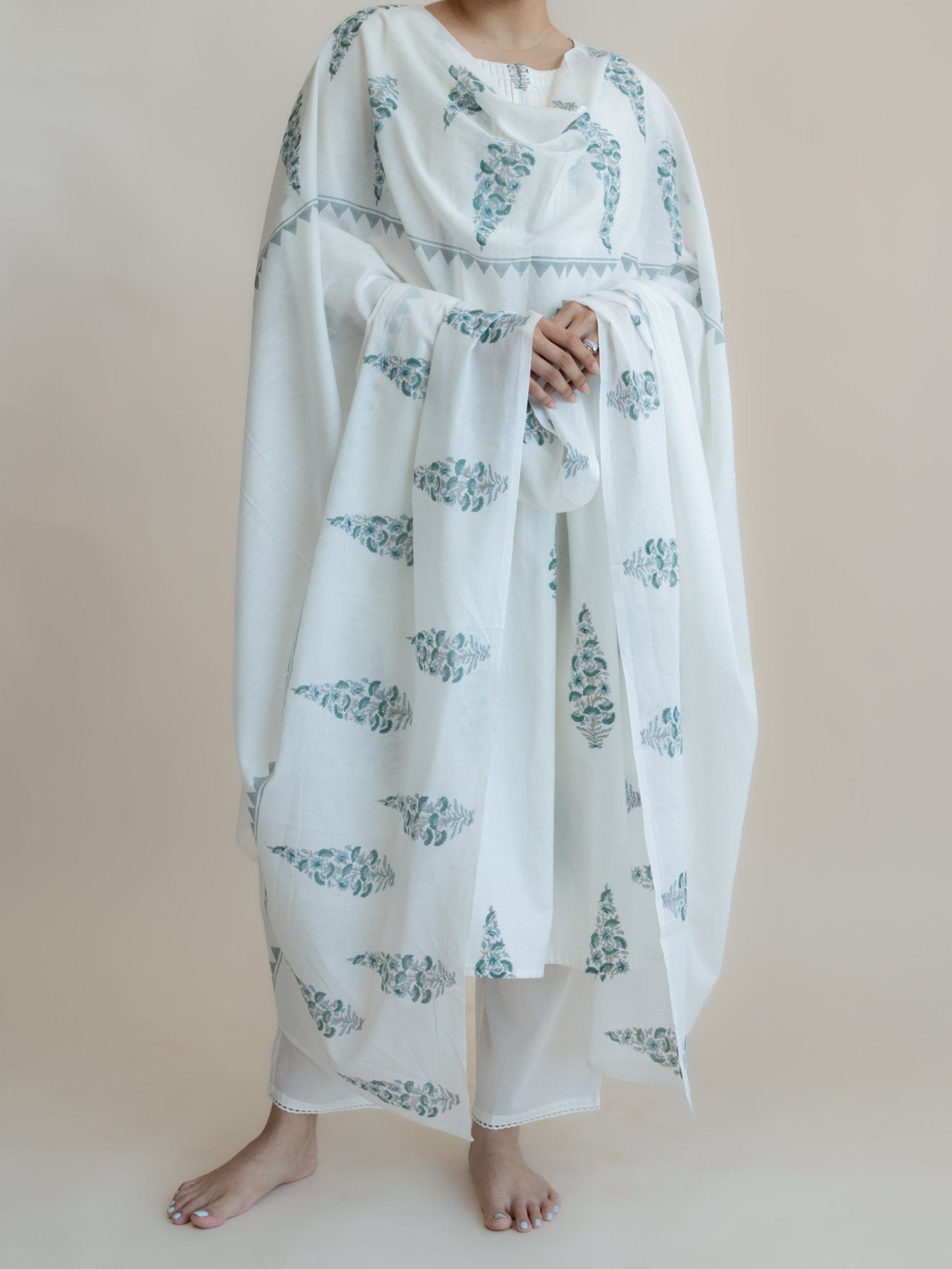 Kaneeha Cotton Block Printed A - Line Suit Set - AINA