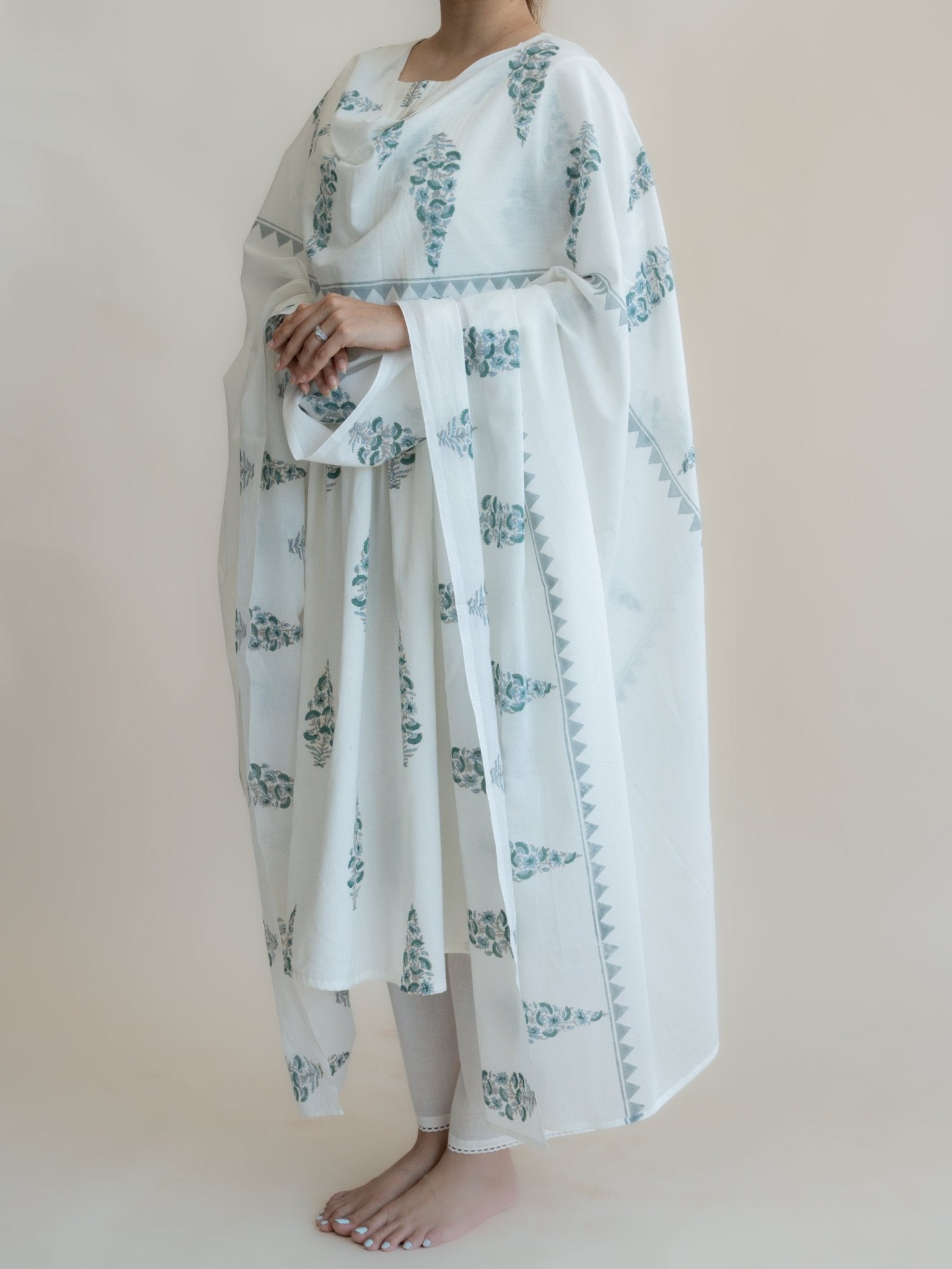 Kaneeha Cotton Block Printed A - Line Suit Set - AINA