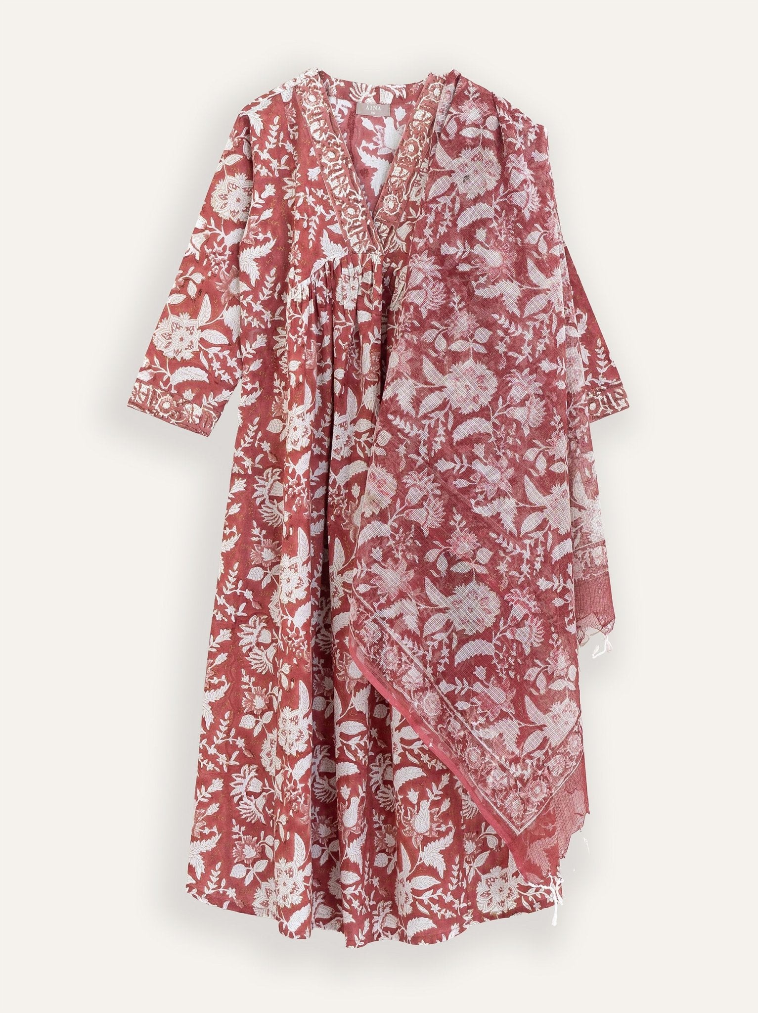 Munira Cotton Block Printed A - Line Kurta - AINA