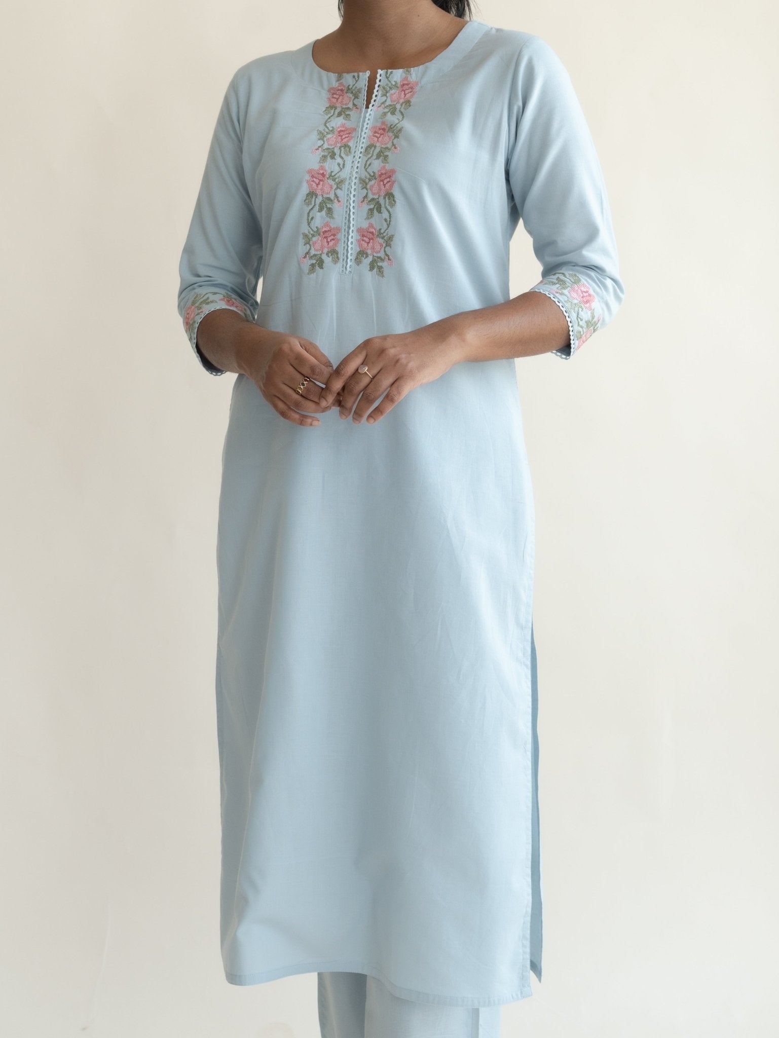 Nameya Cotton Embroidered Straight Suit Set - AINA