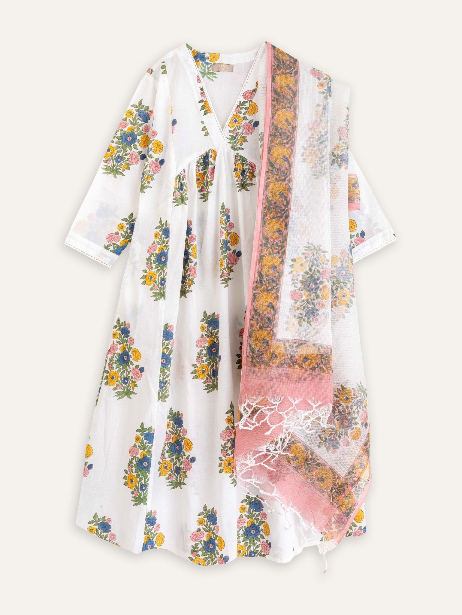 Nandini Cotton Block Printed A Line Kurta - AINA