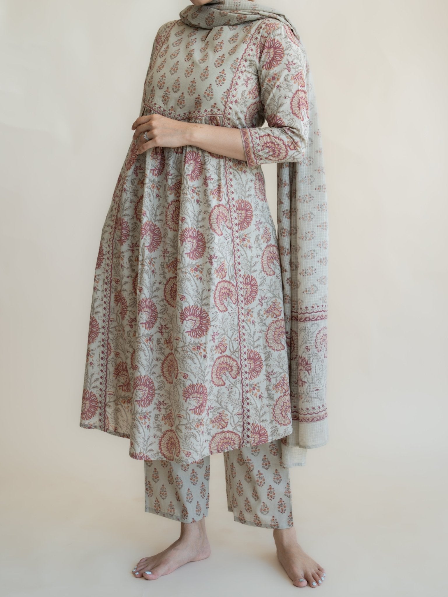 Neha Cotton Block Printed A - Line Suit Set - AINA