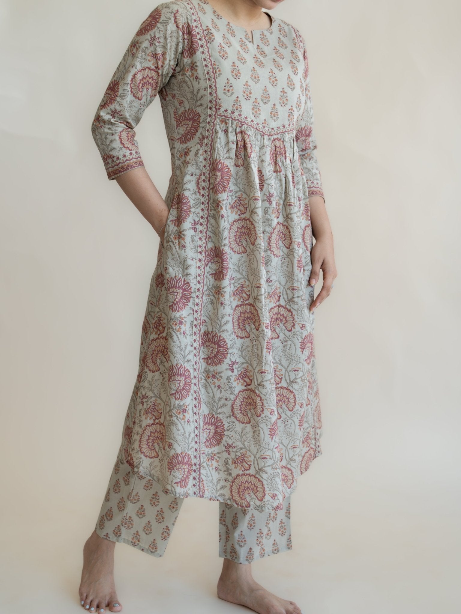 Neha Cotton Block Printed A - Line Suit Set - AINA