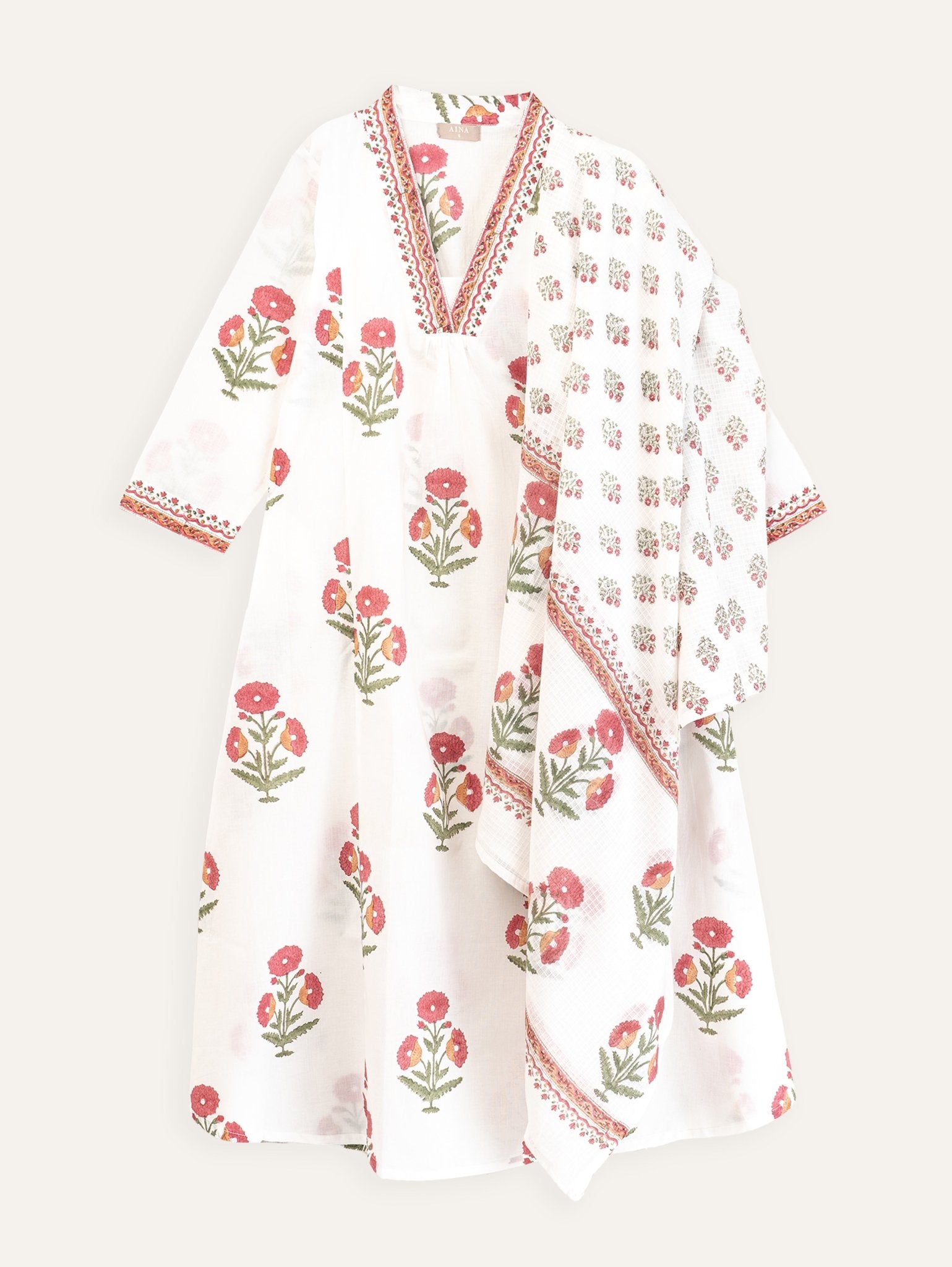 Reena Cotton Block Printed A - Line Kurta - AINA