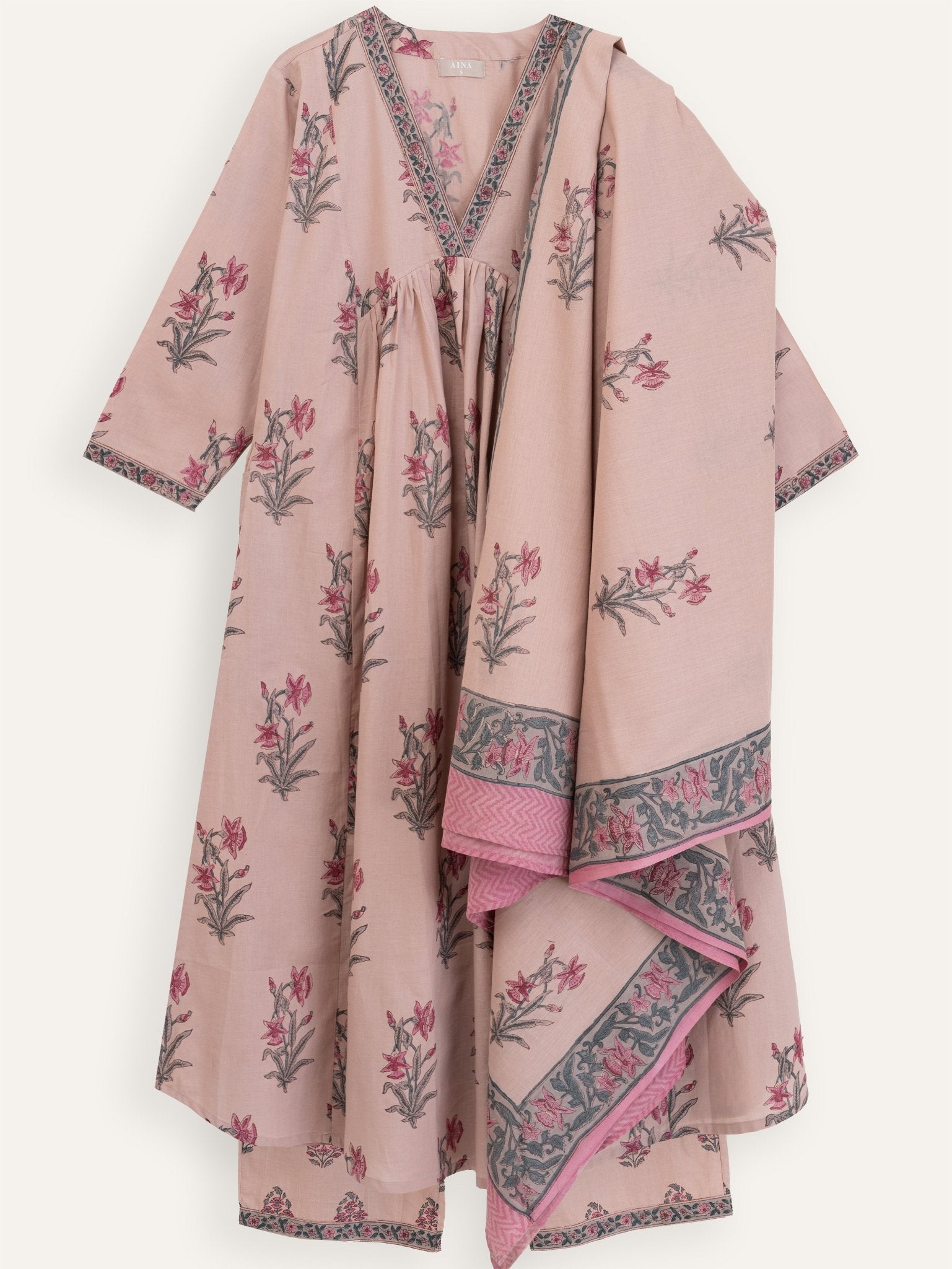 Rihana Cotton Block Printed A - Line Suit Set - AINA