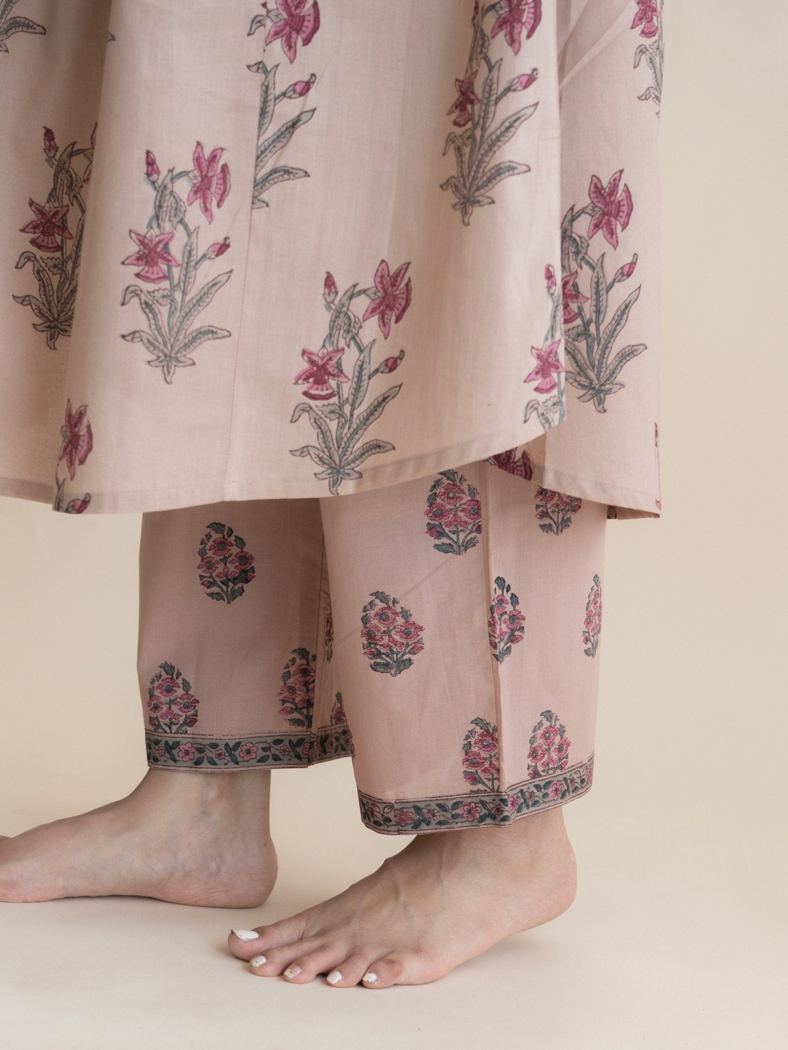 Rihana Cotton Block Printed A - Line Suit Set - AINA