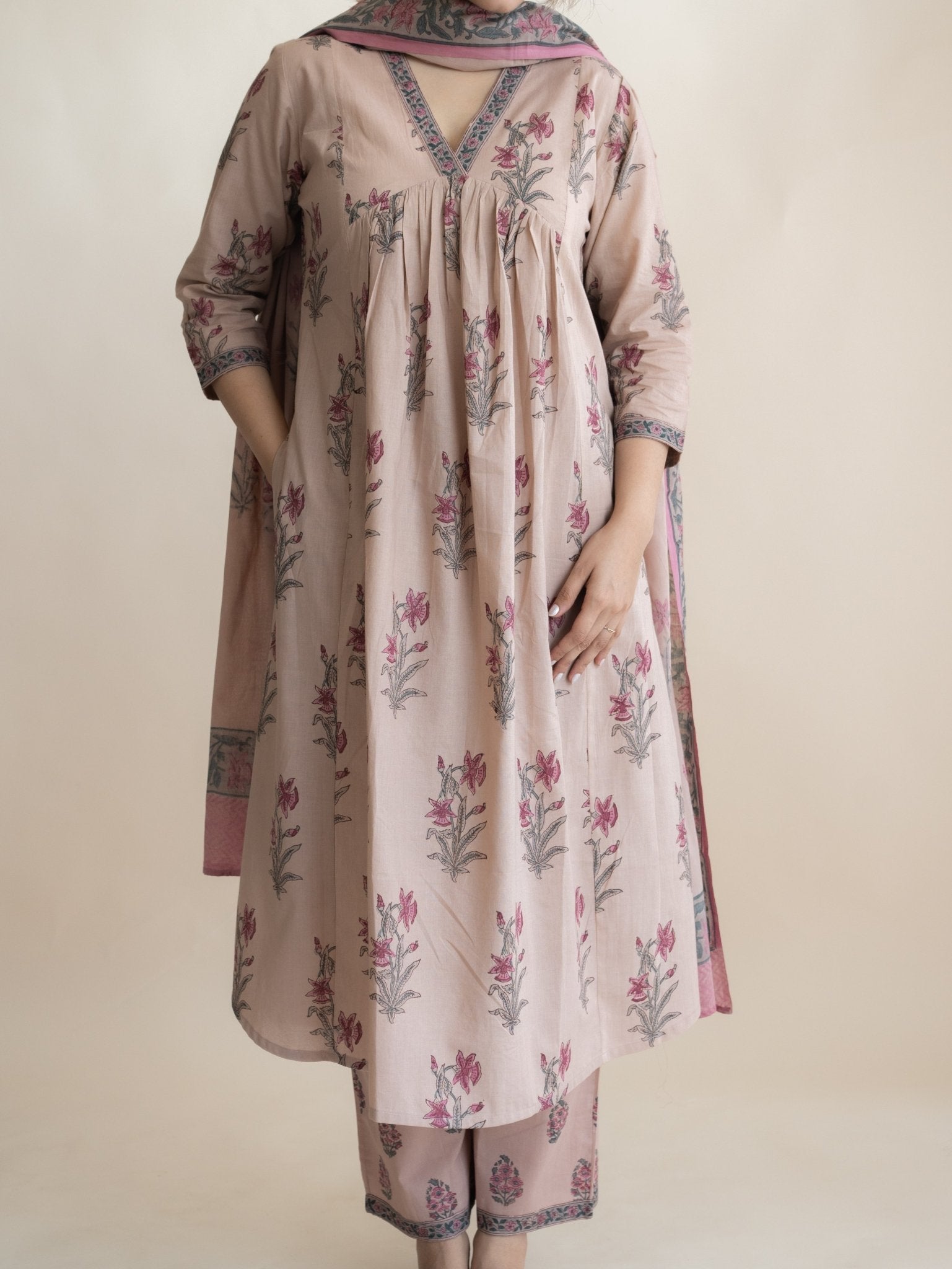 Rihana Cotton Block Printed A - Line Suit Set - AINA