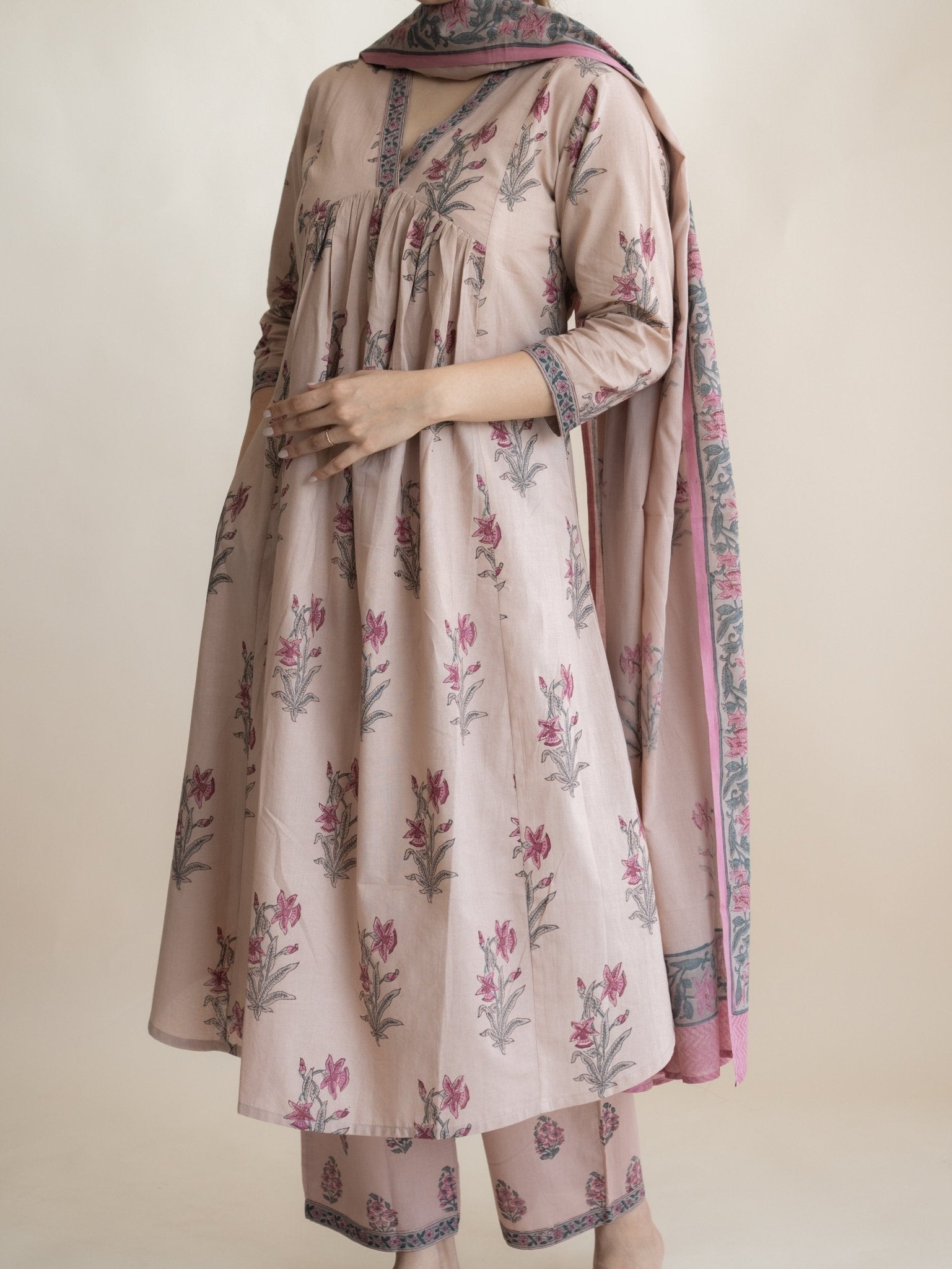 Rihana Cotton Block Printed A - Line Suit Set - AINA