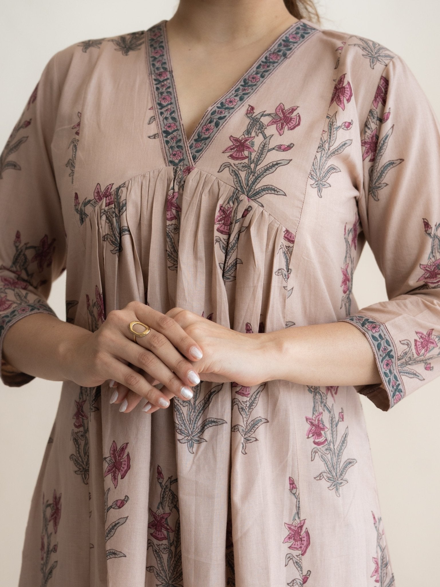 Rihana Cotton Block Printed A - Line Suit Set - AINA