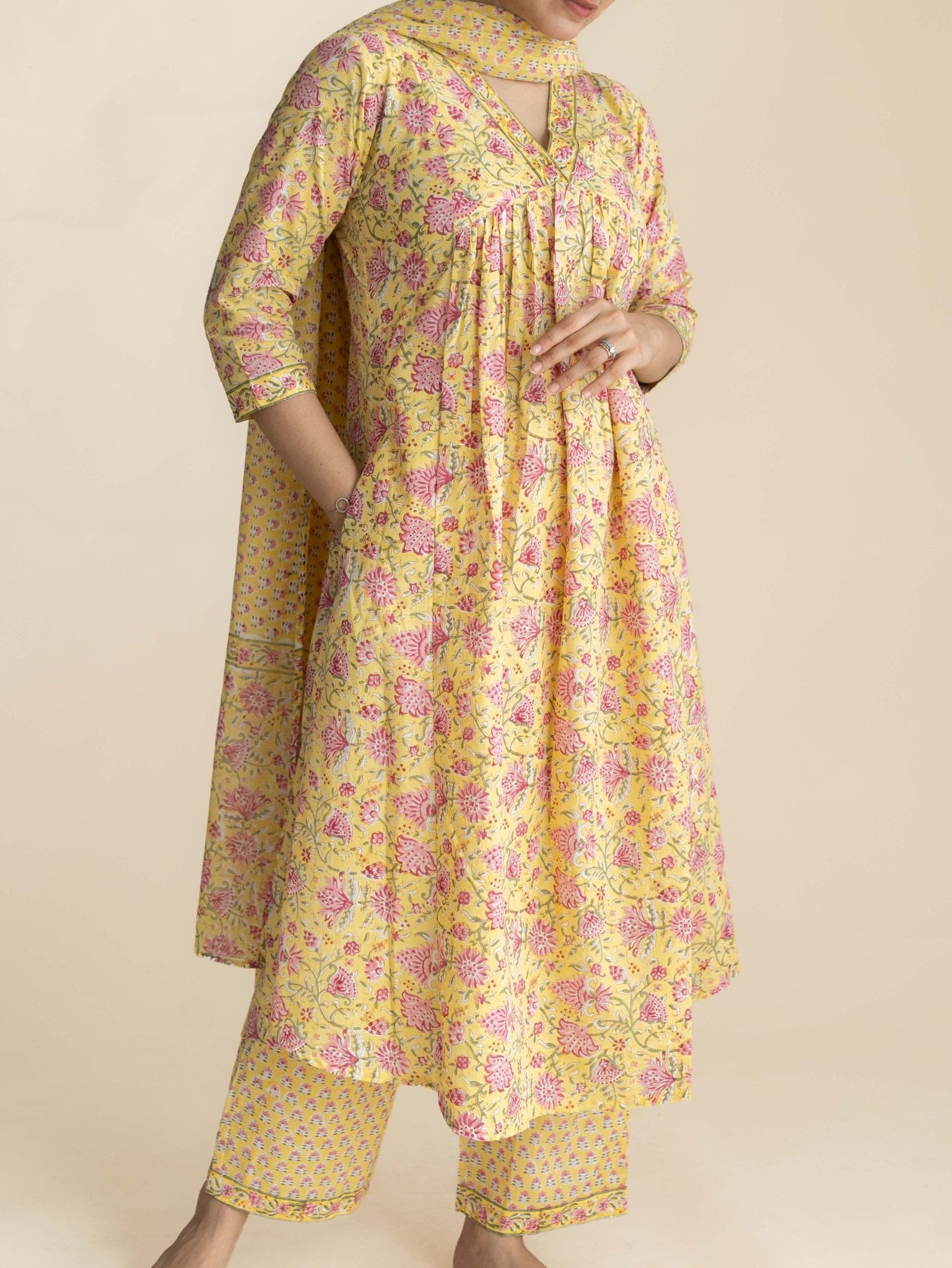 Rutvi Cotton Block Printed A-Line Suit Set - AINA