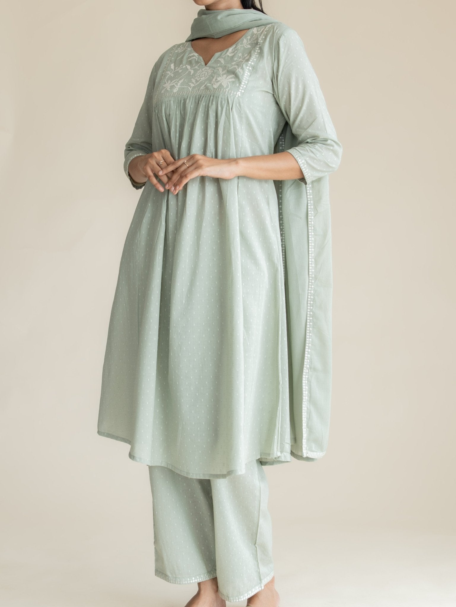 Saisha Cotton Dobby Embroidered A - Line Suit Set - AINA