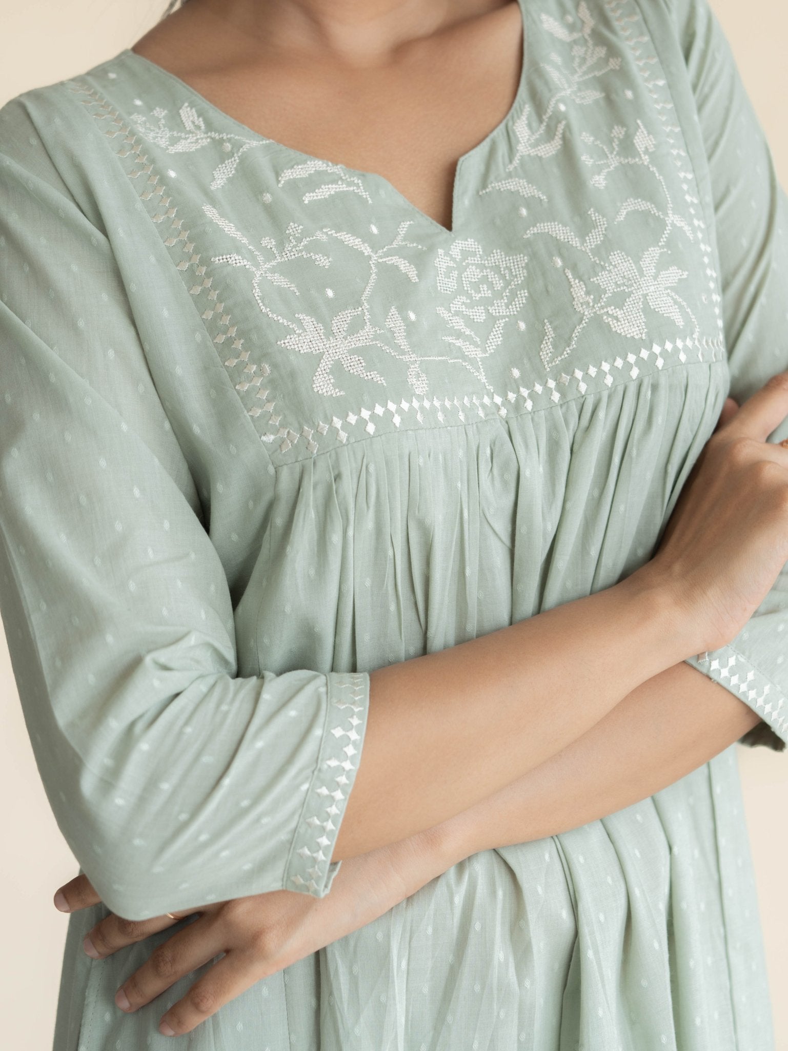 Saisha Cotton Dobby Embroidered A - Line Suit Set - AINA