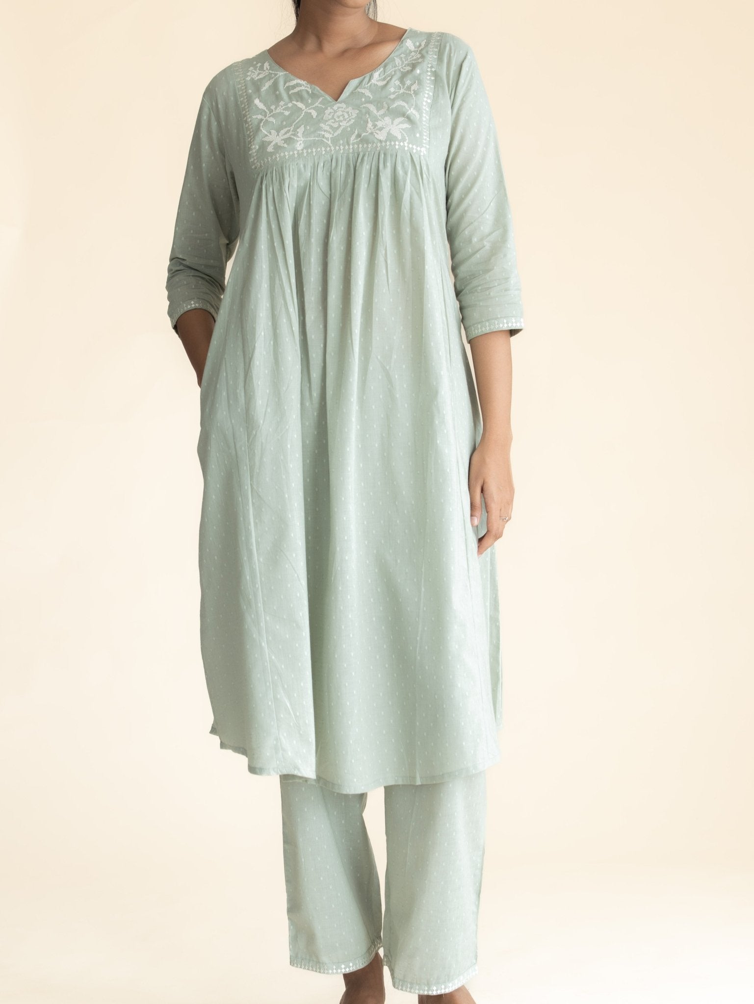 Saisha Cotton Dobby Embroidered A - Line Suit Set - AINA
