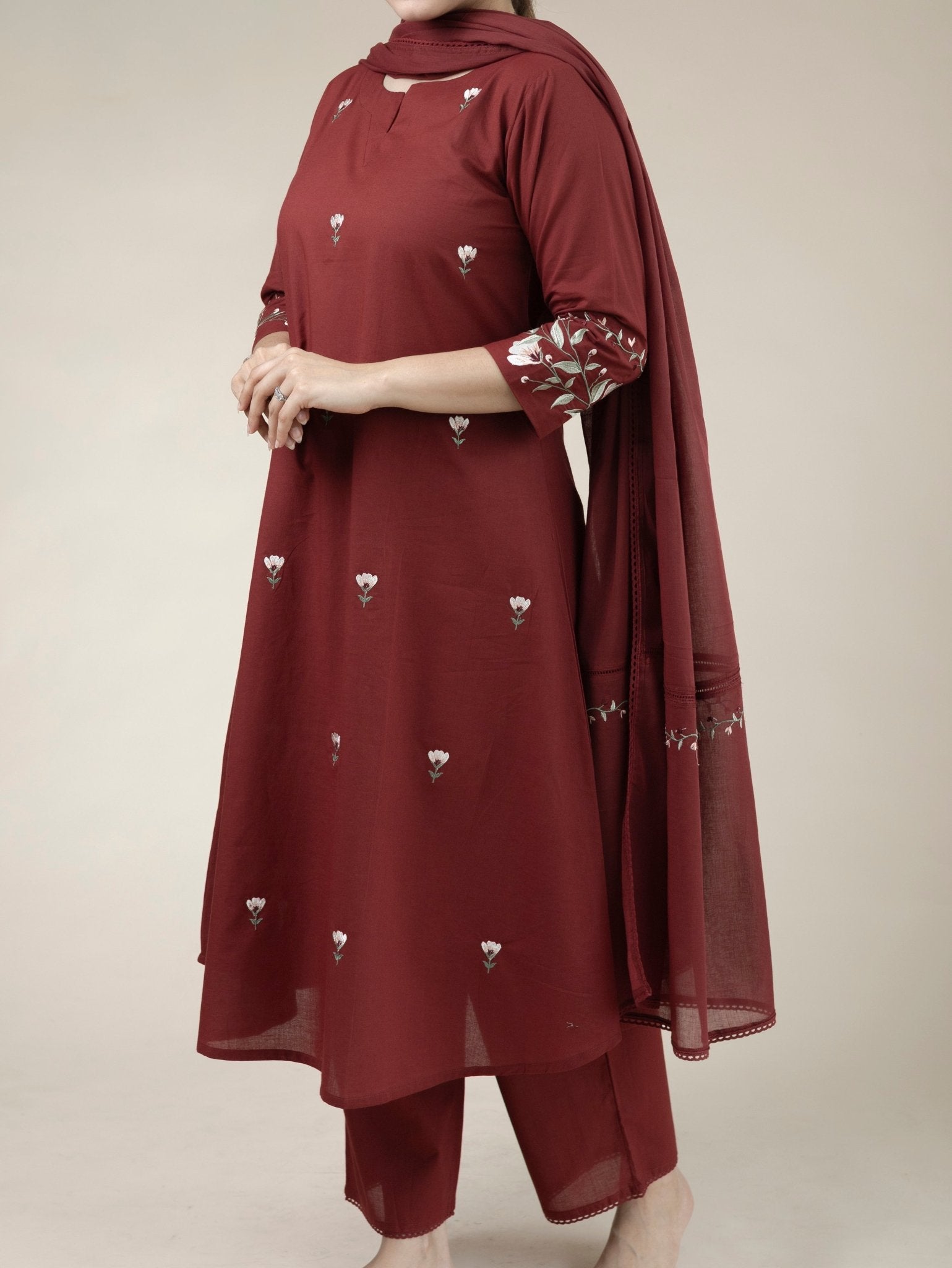 Serah Cotton Embroidered A - Line Suit Set - AINA