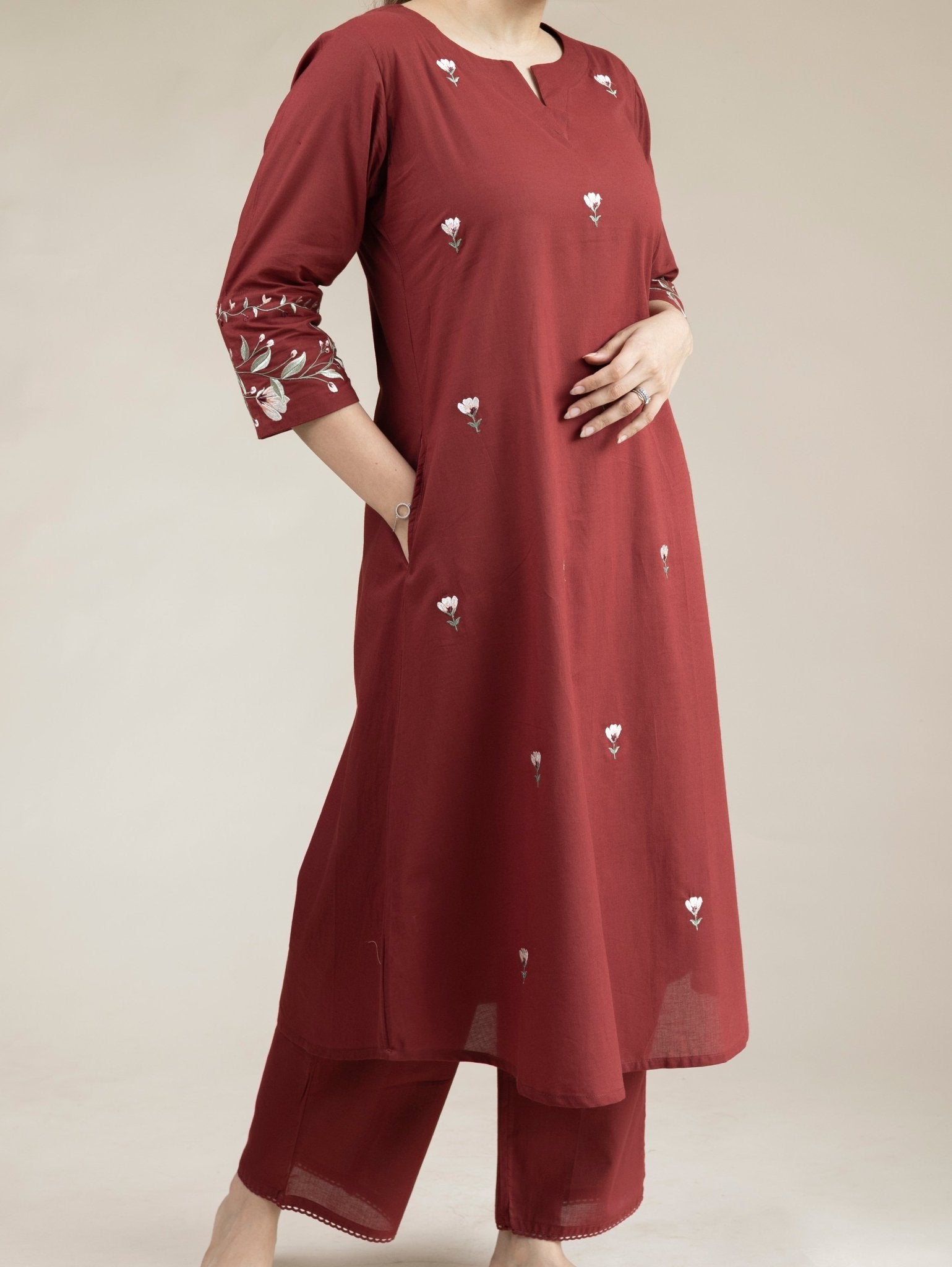 Serah Cotton Embroidered A - Line Suit Set - AINA