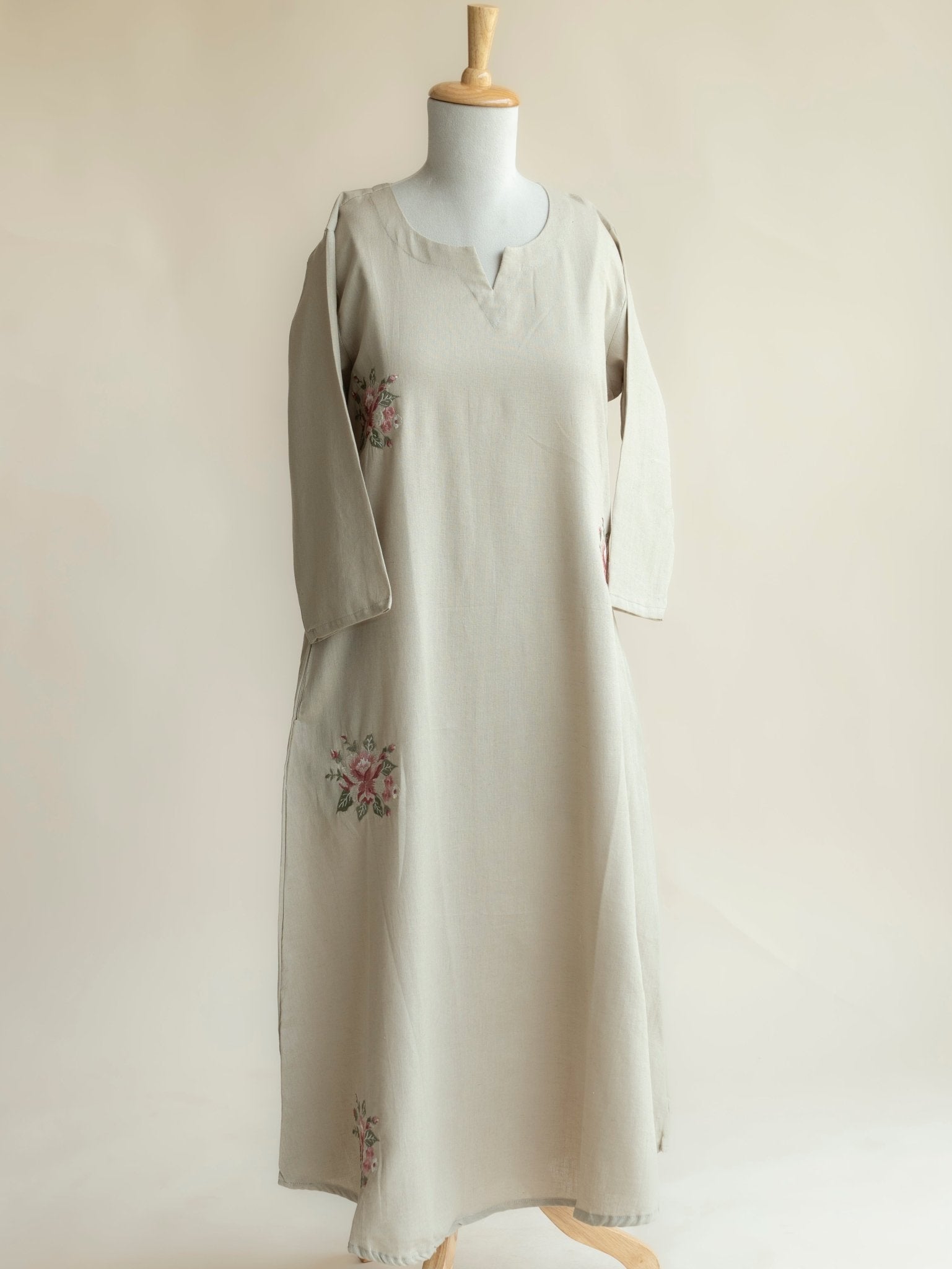 Shabnam Cotton Flax Embroidered A Line Kurta - AINA