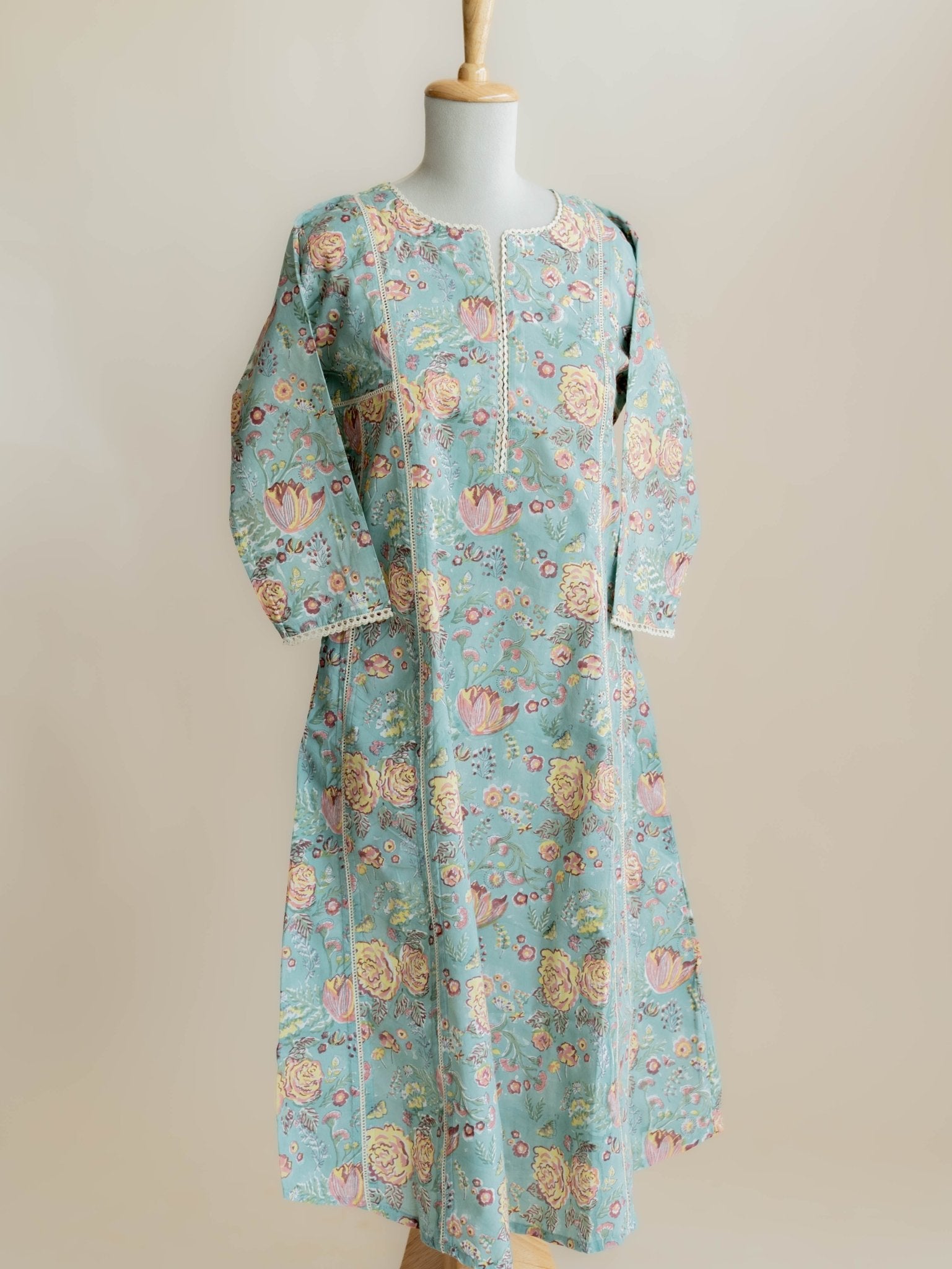 Yasmina Cotton Block Printed A - Line Kurta - AINA