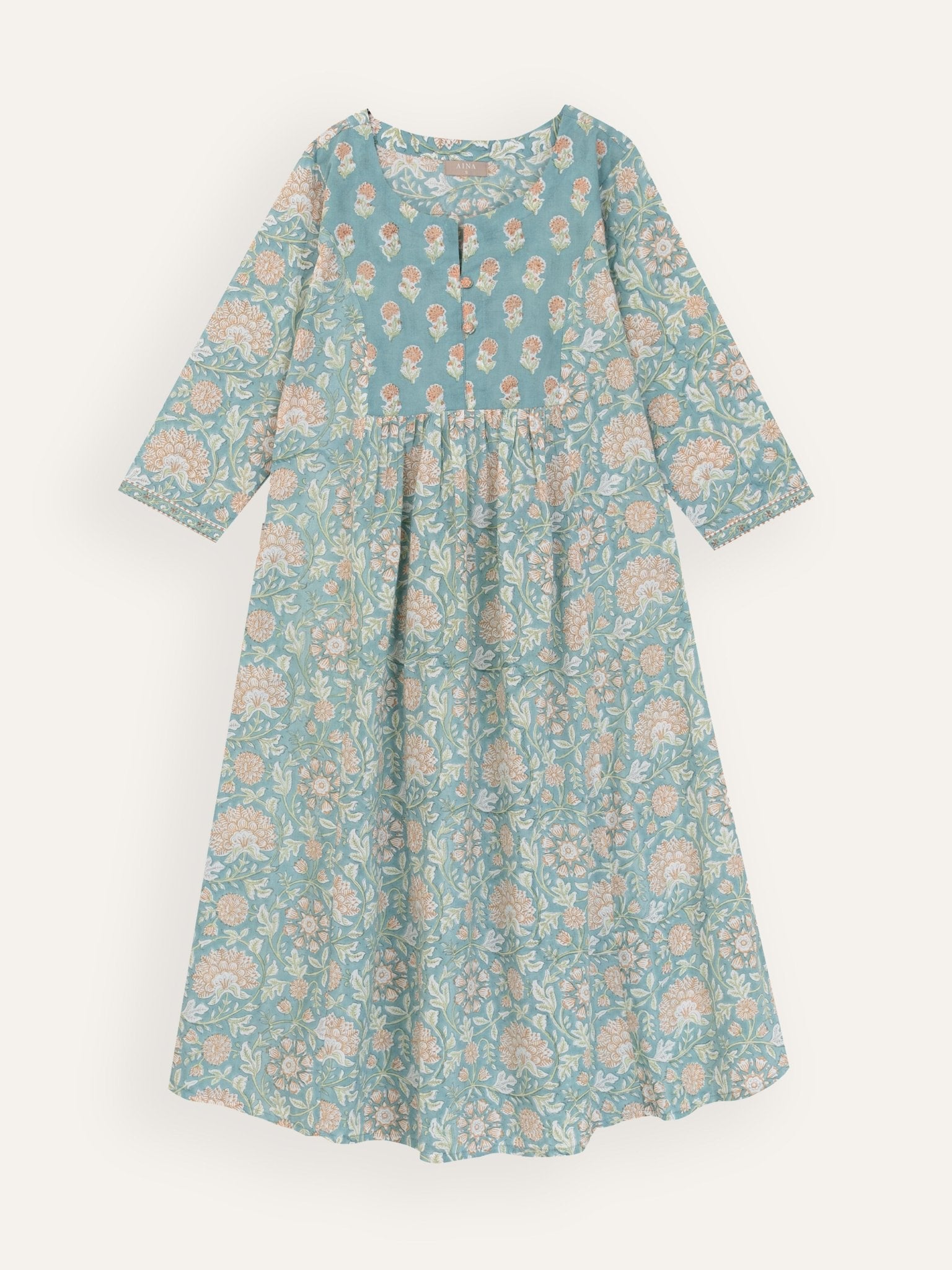 Zafeena Cotton Block Printed A - Line Kurta - AINA