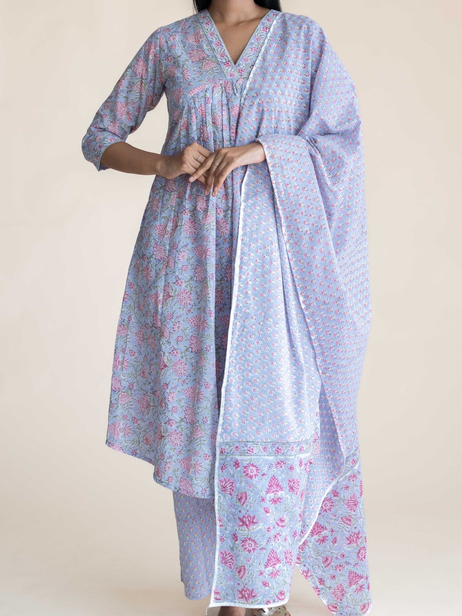 Zanha Cotton Block Printed A - Line Suit Set - AINA