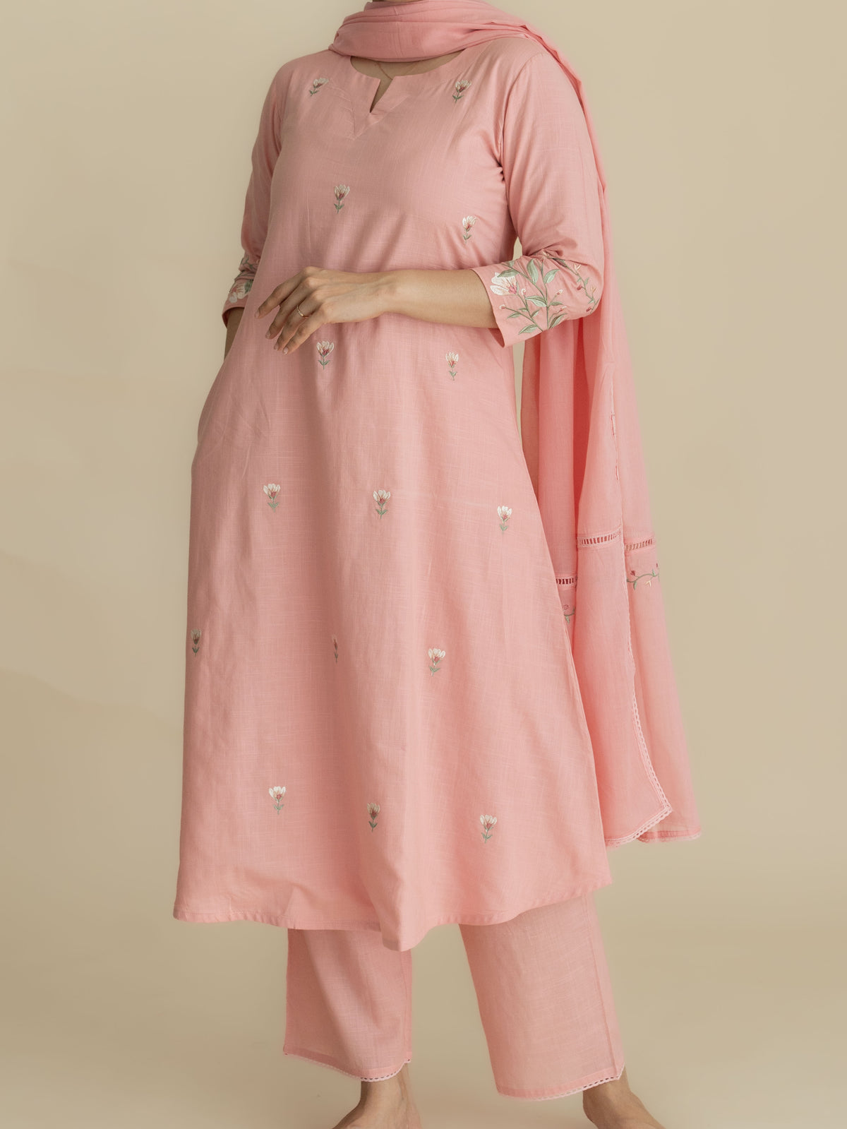 Akira Cotton Slub Embroidered A-Line Suit Set
