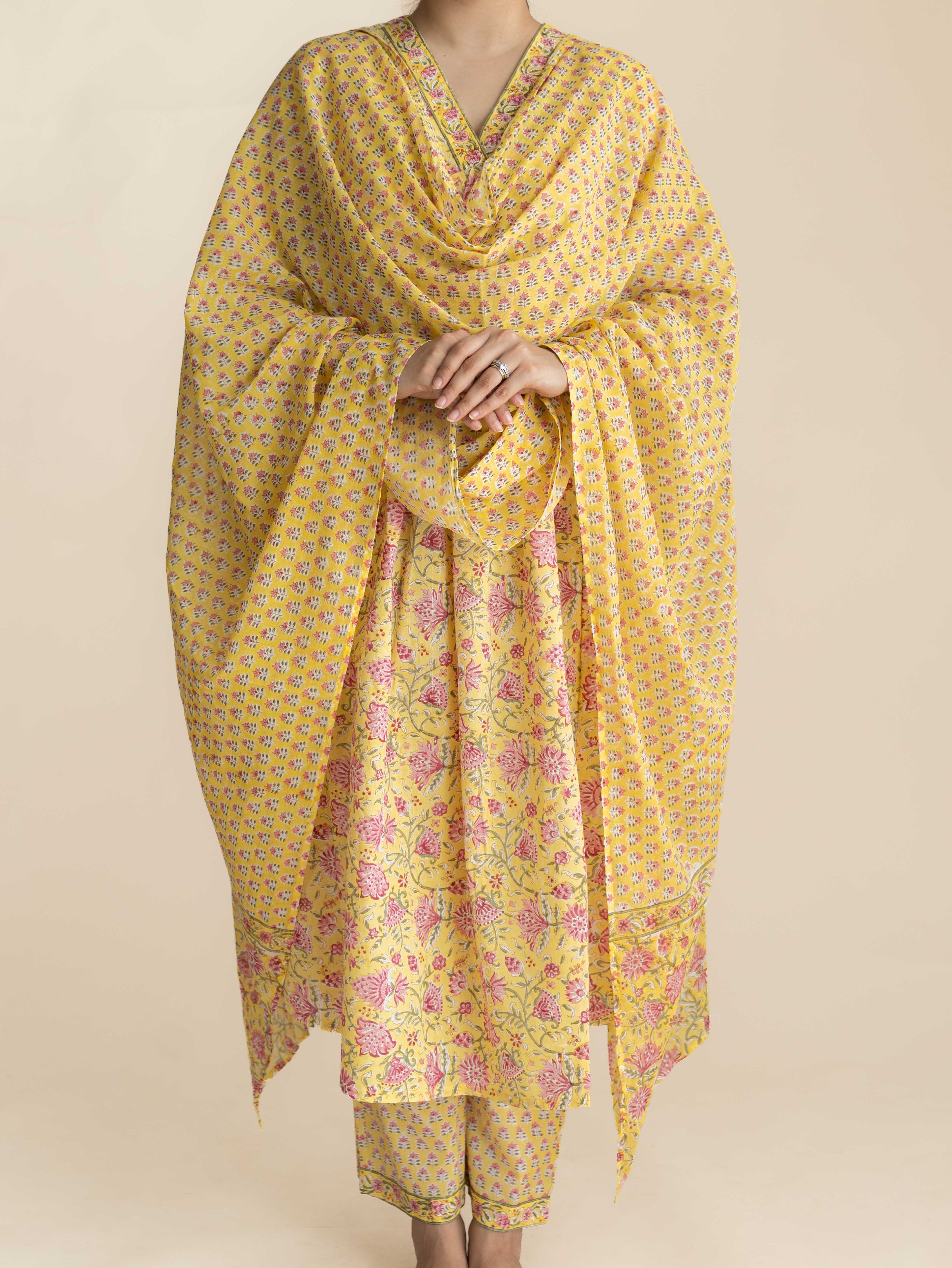 Rutvi Cotton Block Printed A-Line Suit Set