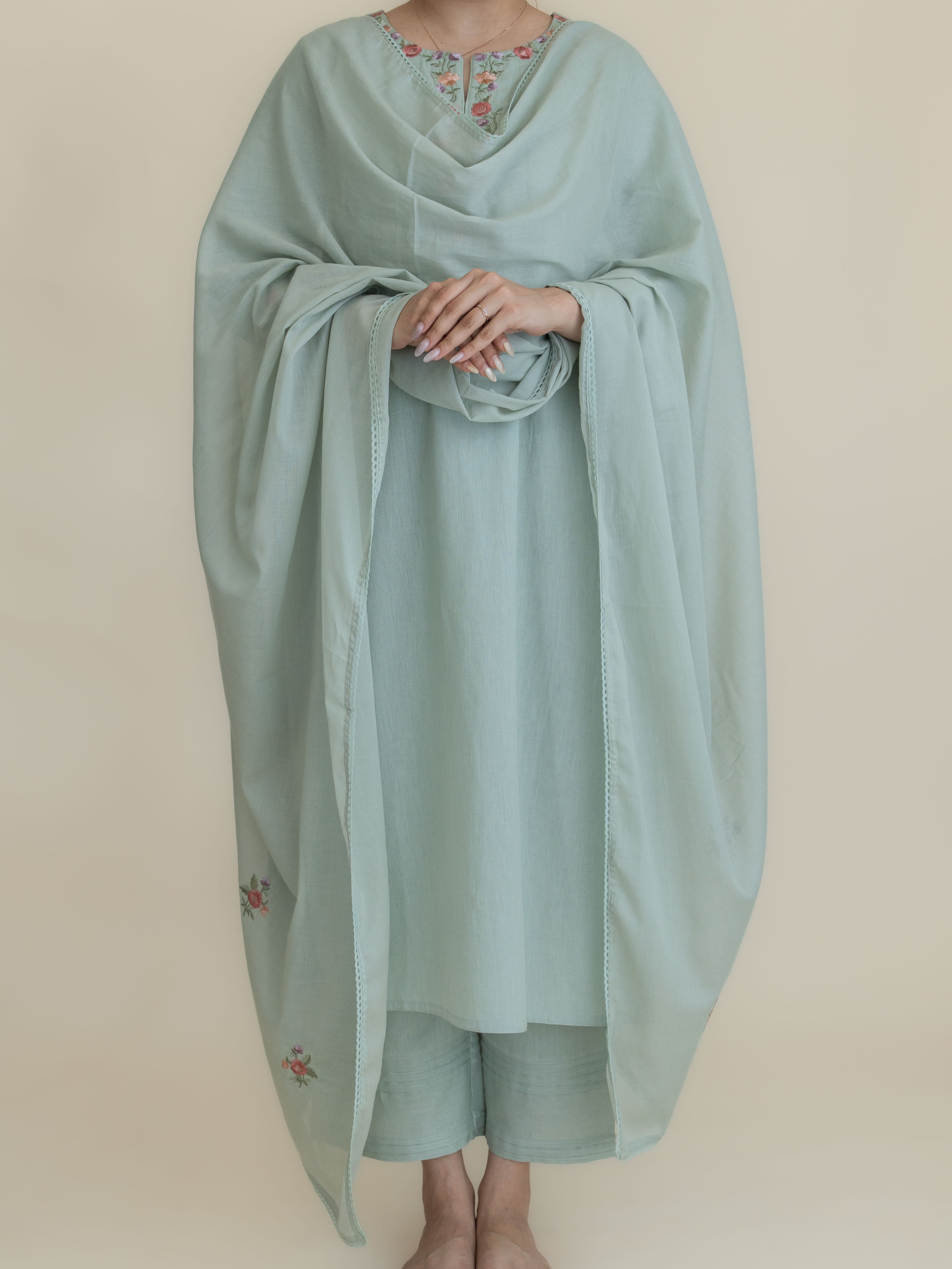 Naza Cotton Flax Embroidered Straight Suit Set