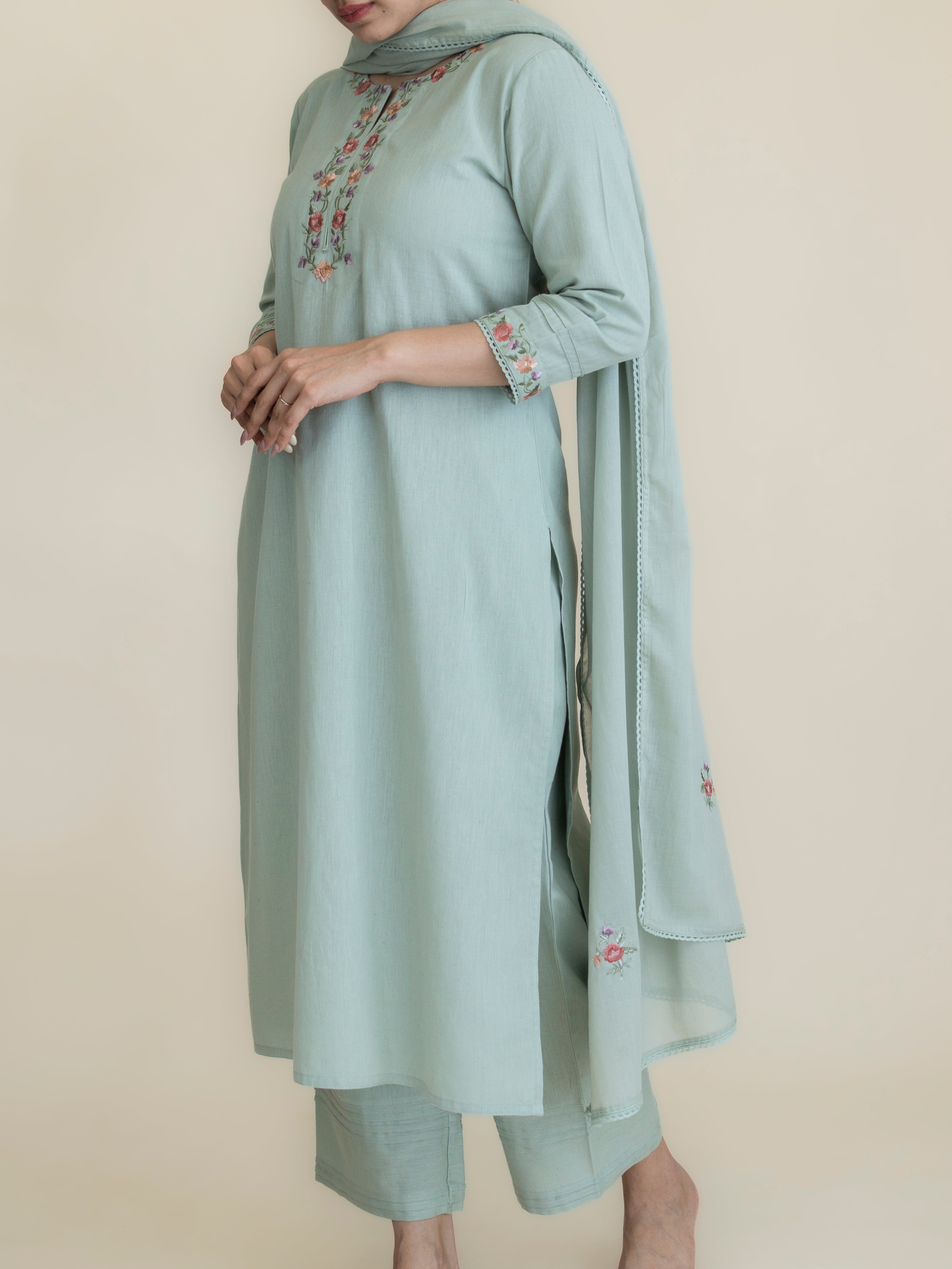 Naza Cotton Flax Embroidered Straight Suit Set